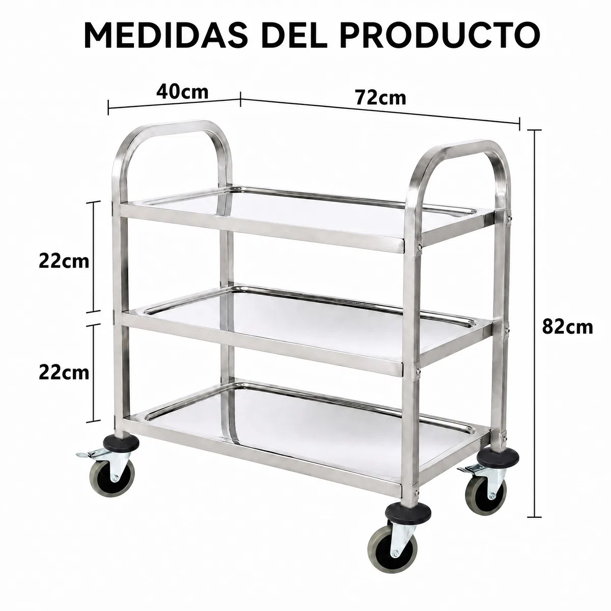 Carrito de Servicio Acero Inoxidable 3 Estantes, 4 Ruedas Giratorias (2 con Freno) (72x40x82 cm, 150 kg) – Carro de Cocina Multifuncional para Restaurante, Laboratorio, Hostelería