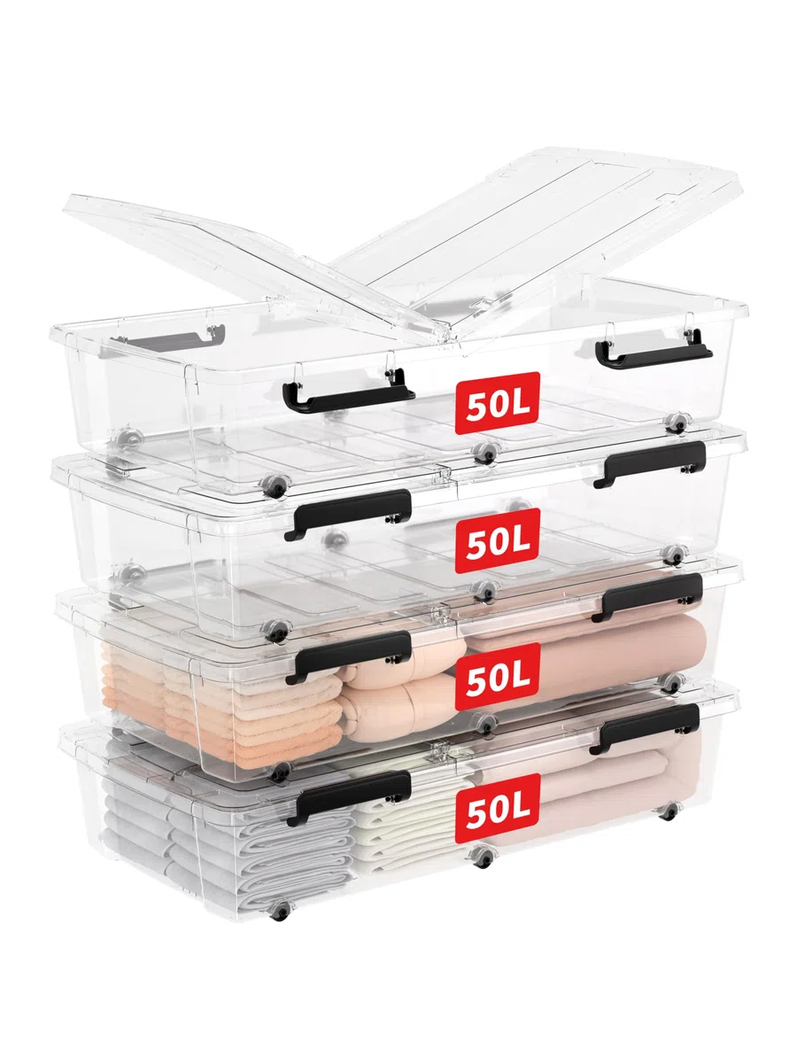 Cetomo 50L*4 Cajas de Almacenamiento con Ruedas, Contenedor bajo La Cama con Tapas de Doble Apertura, Caja Organizaora Plana y Duradera para el Dormitorio, Apilables, Transparencia, 50L-Unidad de 4