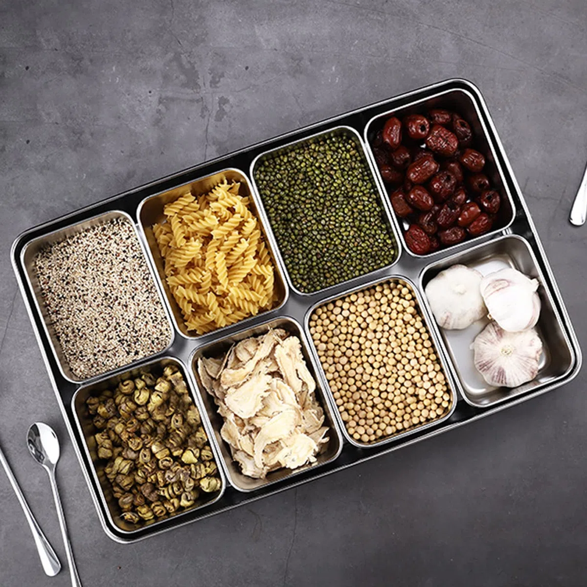 KIMISS Juego de Caja de Condimentos, 8 Rejillas de Acero inoxidable para Almacenamiento de Condimentos, Estante Circular Seccional para Especias con Tapas, para Condimentos,