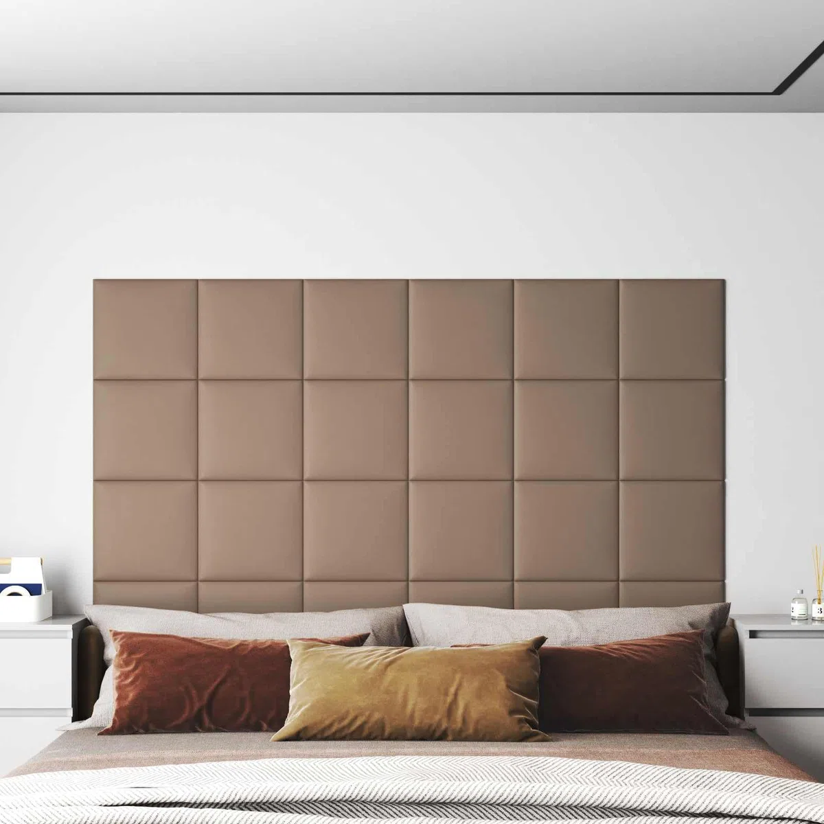 Juego de 12 cabezales de pared capuchino, 30 x 30 cm, de tela con estructura de madera, diseño moderno y fácil montaje, almohadillas de pared para dormitorio, respaldo y protección de pared