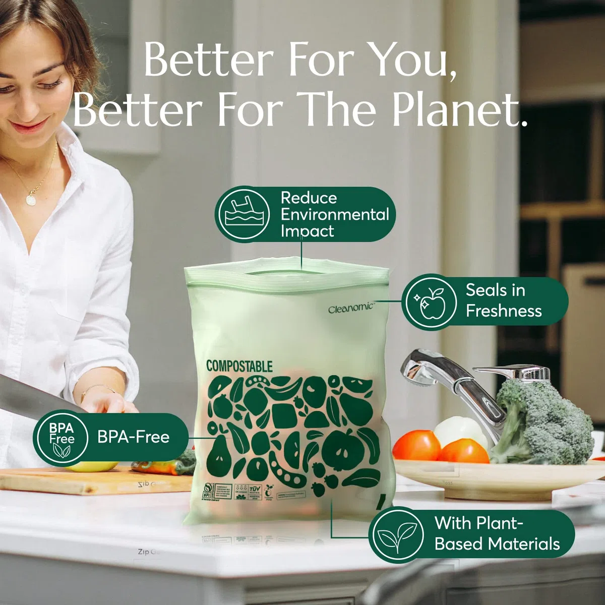 Cleanomic Bolsas compostables de almacenamiento de alimentos de tamaño galón (25 cremalleras ecológicas) a prueba de congelador y fugas, también disponibles bolsas de cuarto de galón, aperitivos y