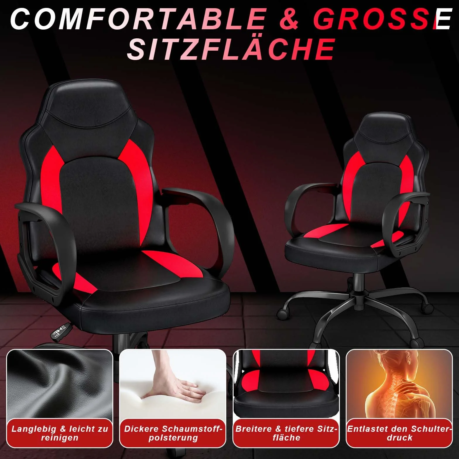 AnyGod Silla Gaming, Silla De Computadora Ergonómica con Soporte Lumbar, Altura Ajustable, Ruedas Giratorias, Adecuada para Hogar, Oficina, Adultos, Adolescentes, Niños Y Jugadores, Roja