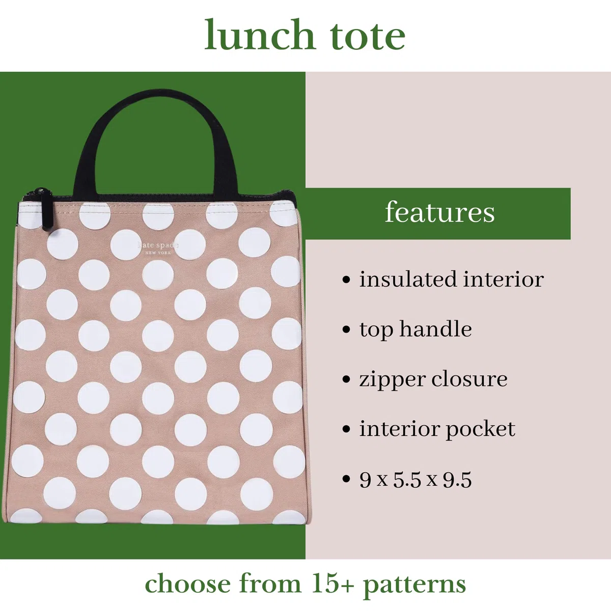 Kate Spade New York Bolsa de almuerzo isotérmica portátil con forro interior aislado plateado y bolsillo de almacenamiento, lunares jumbo