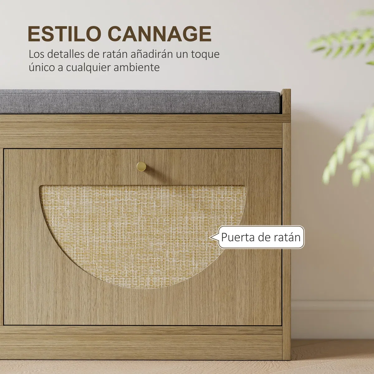 HOMCOM Banco Zapatero Bohemio con Asiento Acolchado 105x35x47 cm Natural | Banco Recibidor, Puertas Frentes de Ratán, Estante Ajustable, para 8 Pares de Zapatos, para Entrada