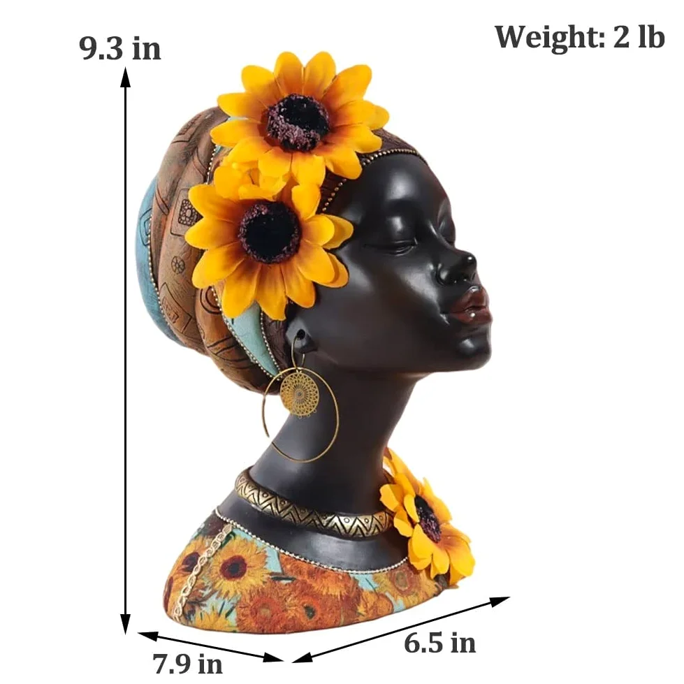 Estatua de busto de arte africano, decoración del hogar, figuras africanas de girasol, escultura de busto afroamericano, adecuada para sala de estar y escritorio