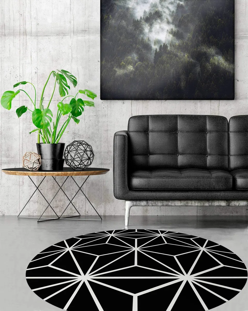 Panorama Alfombra Vinílica Cocina Baño - Modelo Redonda Líneas Estrellas Negro 100x100 cm - Varios tamaños - Decoración Hogar