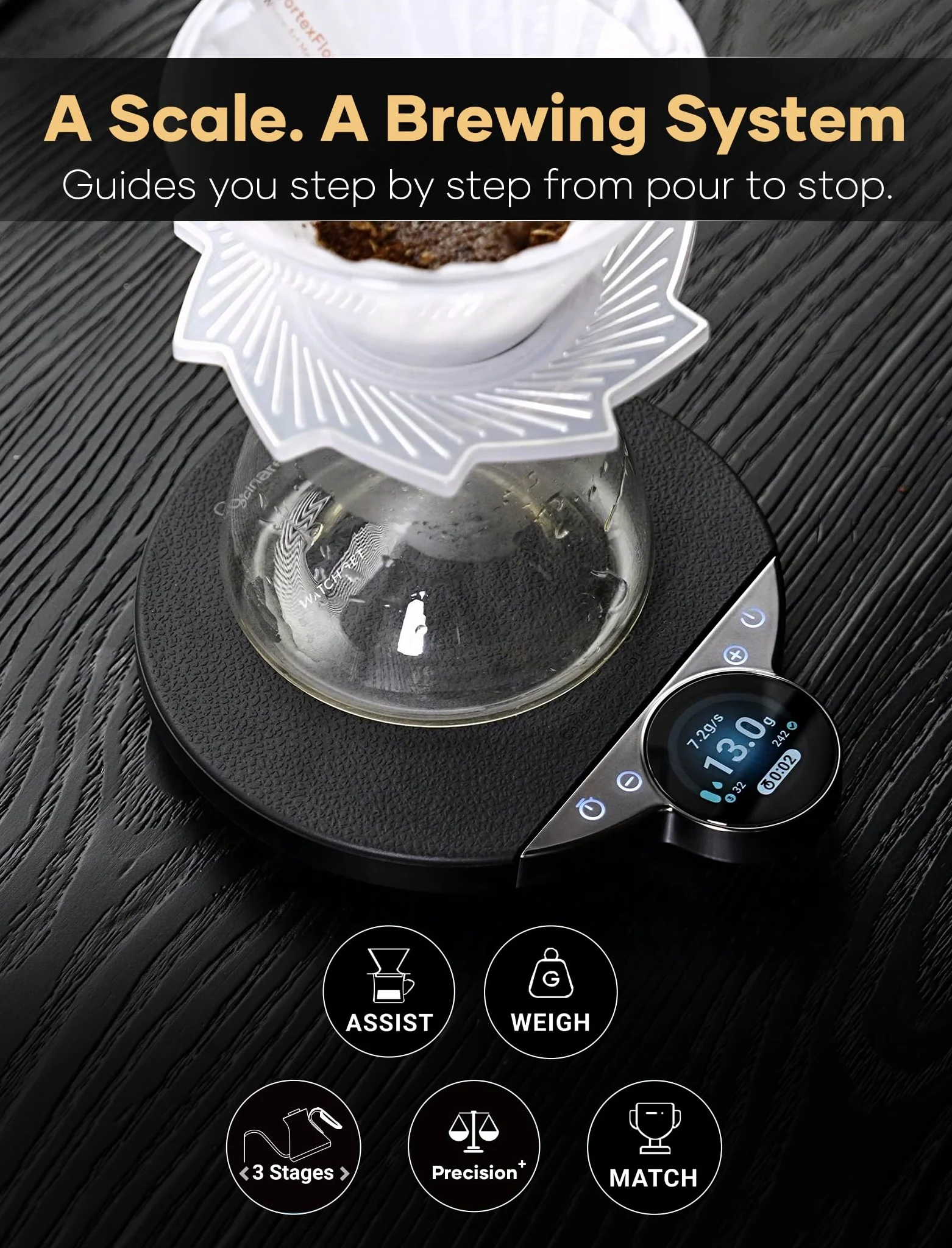 Cocinare Balance Pro - Báscula de café de precisión de 0,1 g, 3,5 kg digital con temporizador, báscula de cocina para café y alimentos, control de aplicaciones (plata)