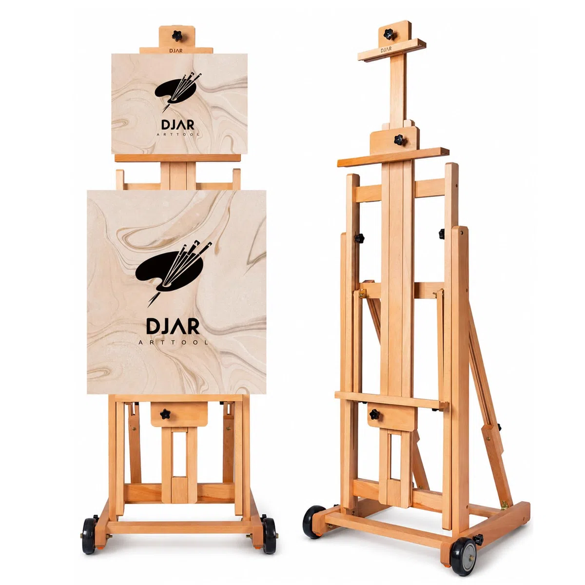 DJAR Caballete de Estudio Grande en H, Caballete de Suelo Ajustable de Madera de Haya Maciza, Inclinable Plano, Soporta 1 o 2 Lienzos hasta 198 cm
