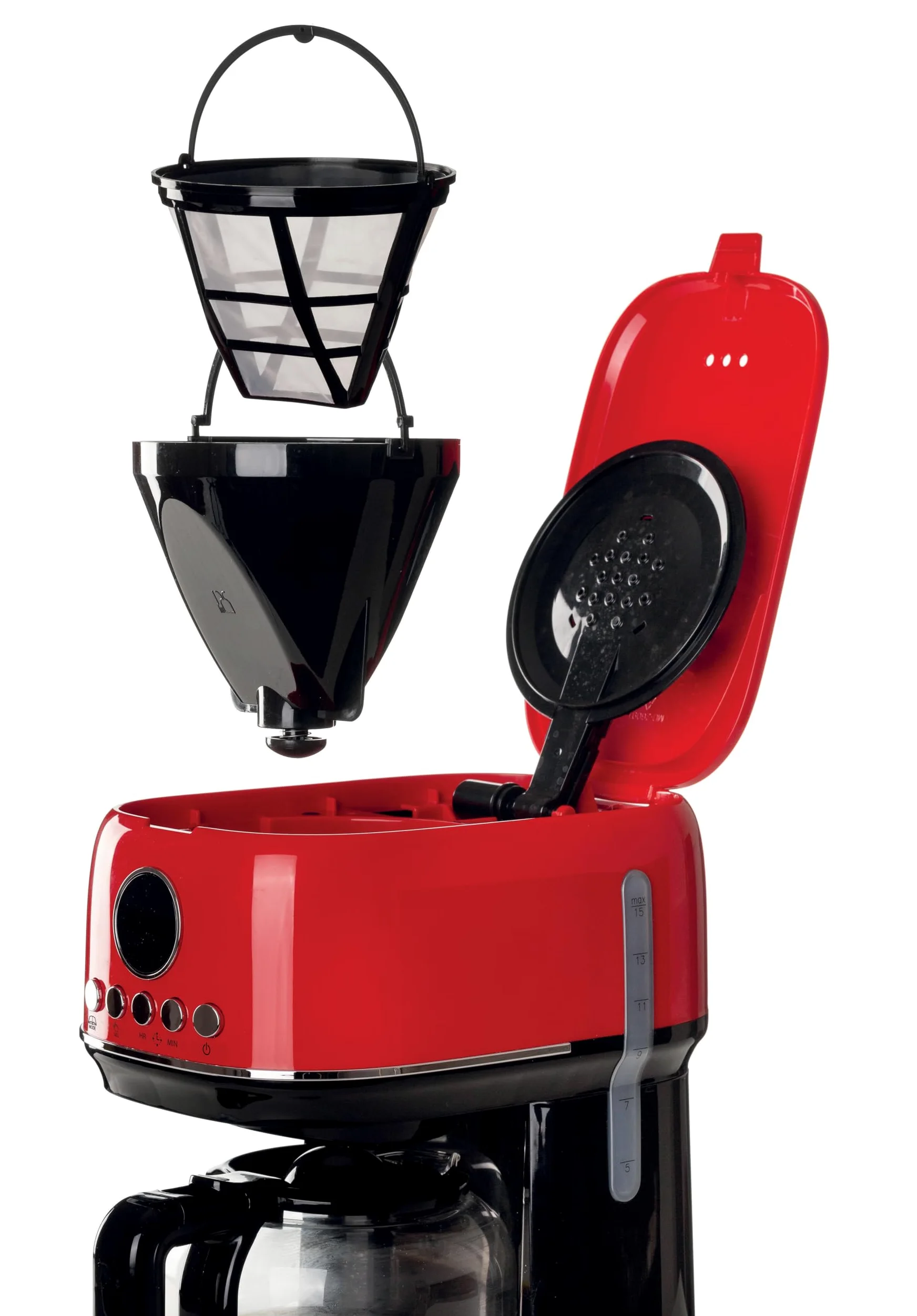 Ariete 1396/00 Moderna cafetera de filtro, Café de goteo, Capacidad hasta 15 tazas, Base calefactora, Pantalla LCD, Filtros extraíbles y lavables, Roja