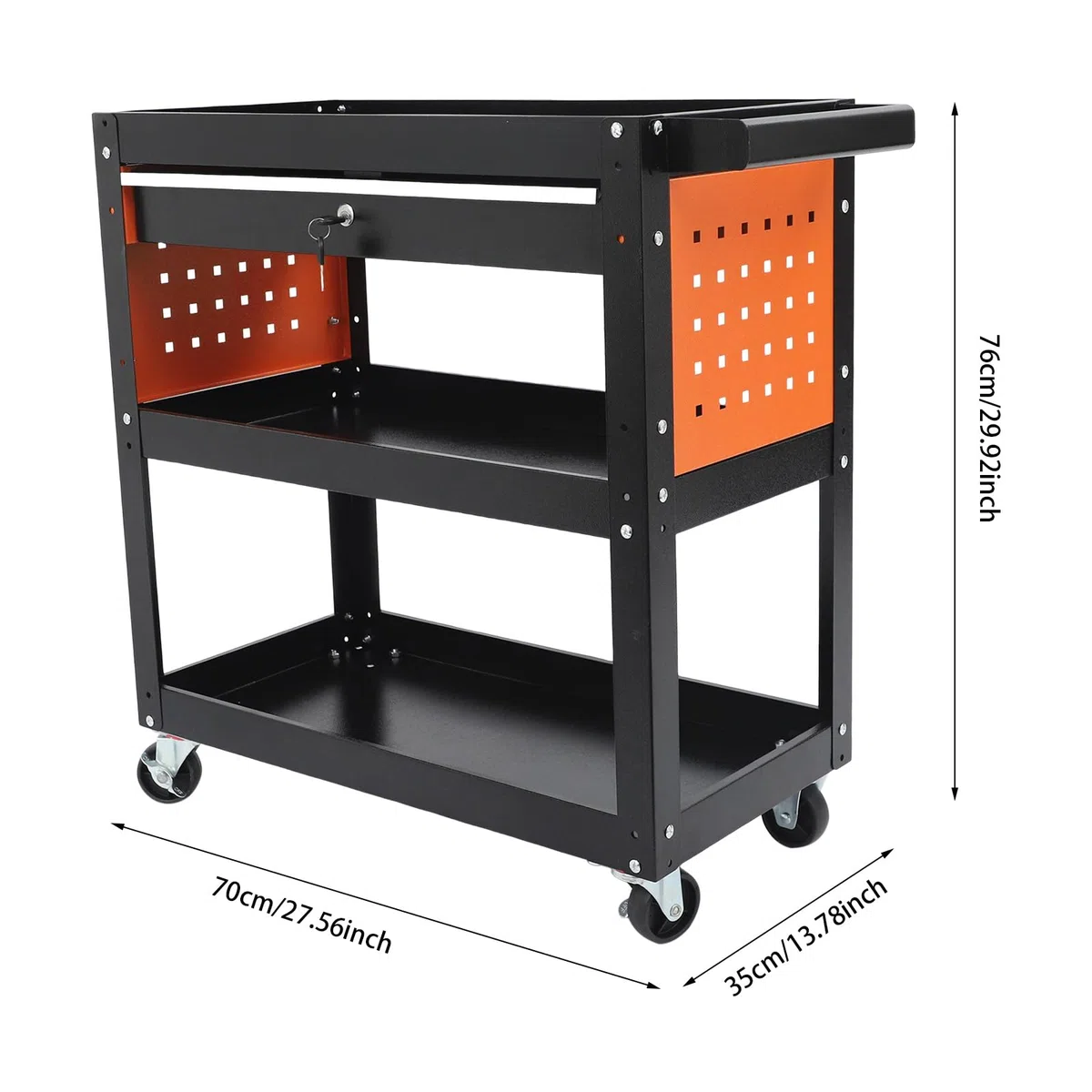 Carro de taller de 3 niveles, carro de servicio de metal, carro con ruedas, taller con cajón con cerradura, carro de montaje, carrito multifuncional de 70 x 35 x 76 cm
