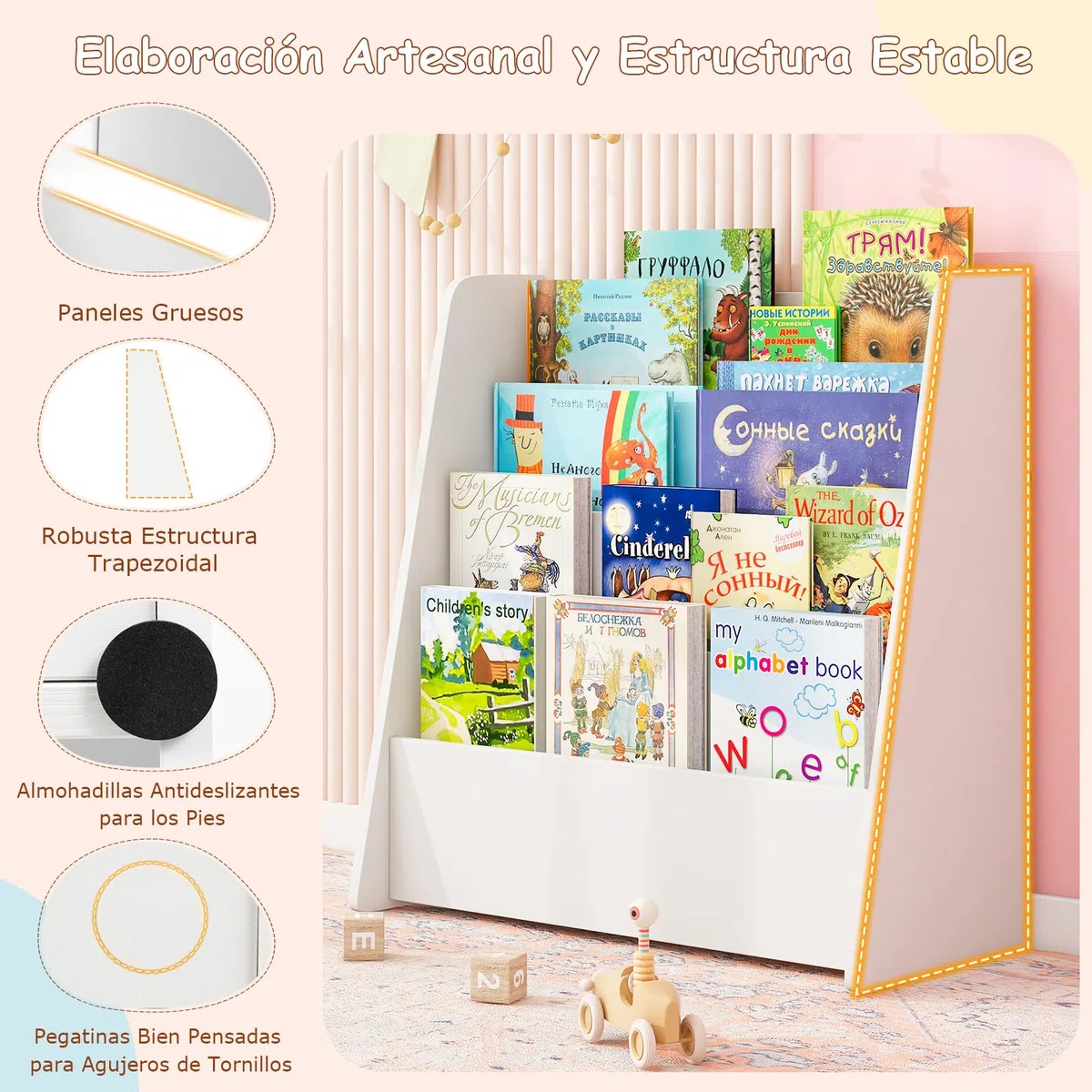 COSTWAY Libreria Infantil Montessori, Biblioteca Infantil de 4 Niveles, Estantería Libros Infantil con Almacenamiento Trasero para Guardería, Aula, Jardín de Infancia, 57,5 x 26,5 x 59 cm