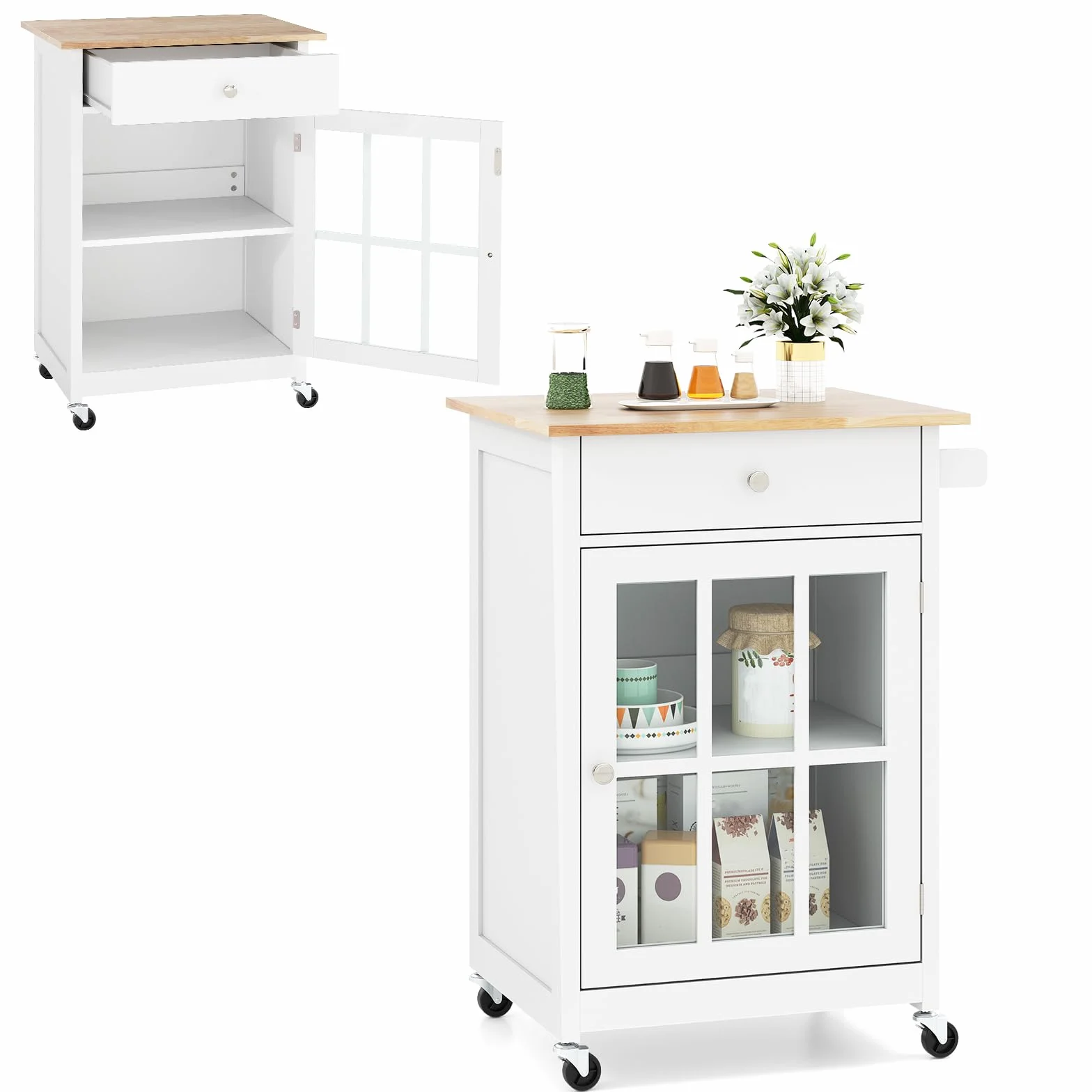 KOMFOTTEU Carrito de Cocina con Ruedas, Carro de Servicio con Cajón, Puerta de Vidrio Templado, Toallero, Tablero de Madera de Caucho, Mesa de Bar Móvil con Estante Ajustable para Salón