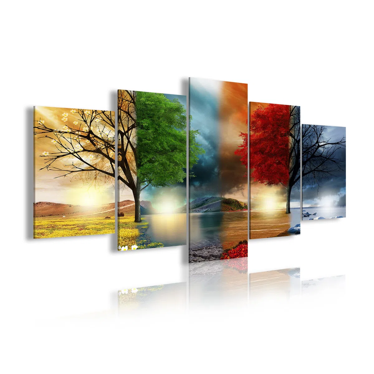 DekoArte - Cuadros Modernos Impresión Imagen Artística | 5 Piezas 200x100cm | Lienzo Decorativo Para Salón o Dormitorio | Estilo Paisaje Cuatro Estaciones del año Árboles Rojo XXL