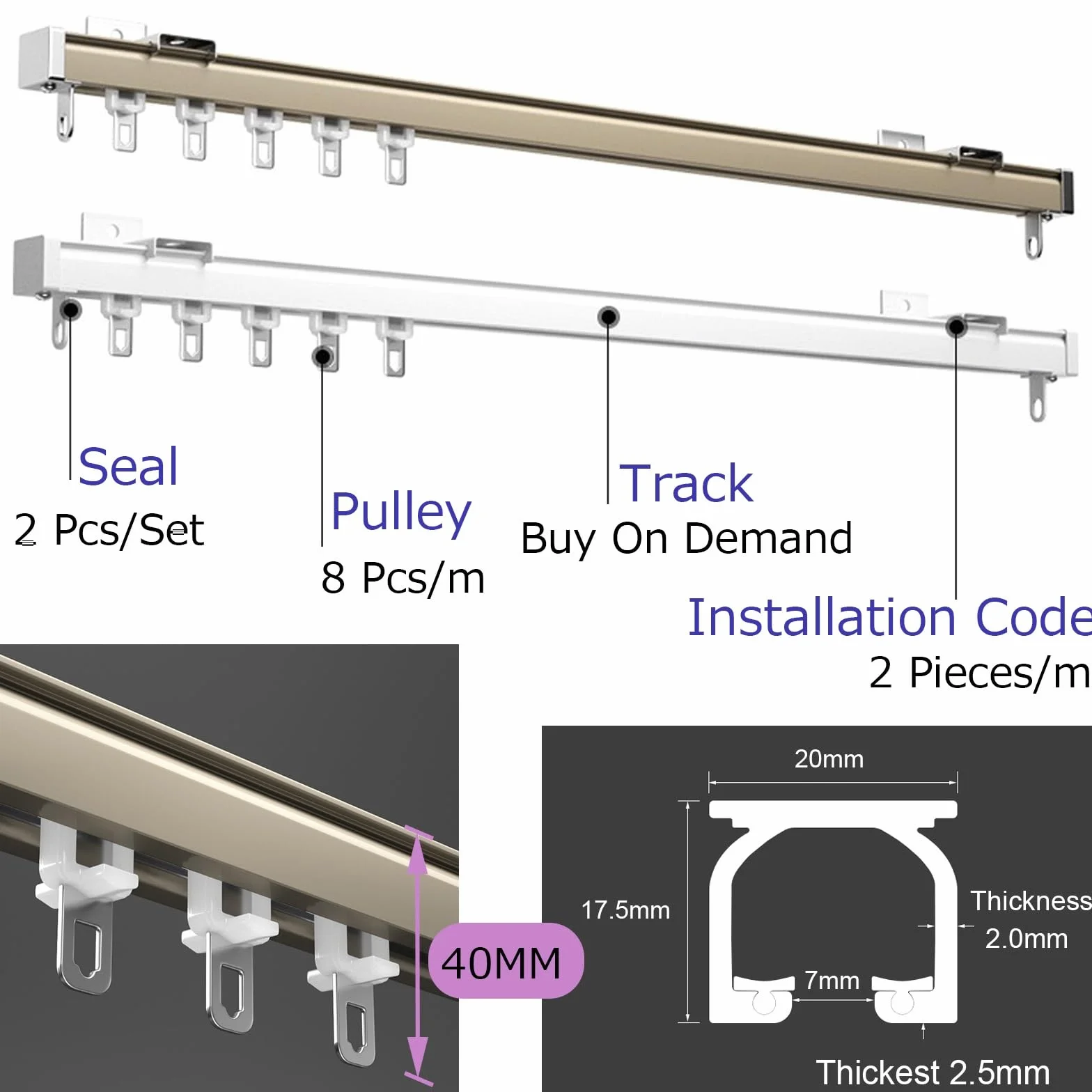 Riel de montaje en pared y techo de aleación de aluminio resistente de 2,0 a 2,5 mm de grosor, silencioso, flexible, divisor deslizante para cortinas y cortinas pesadas