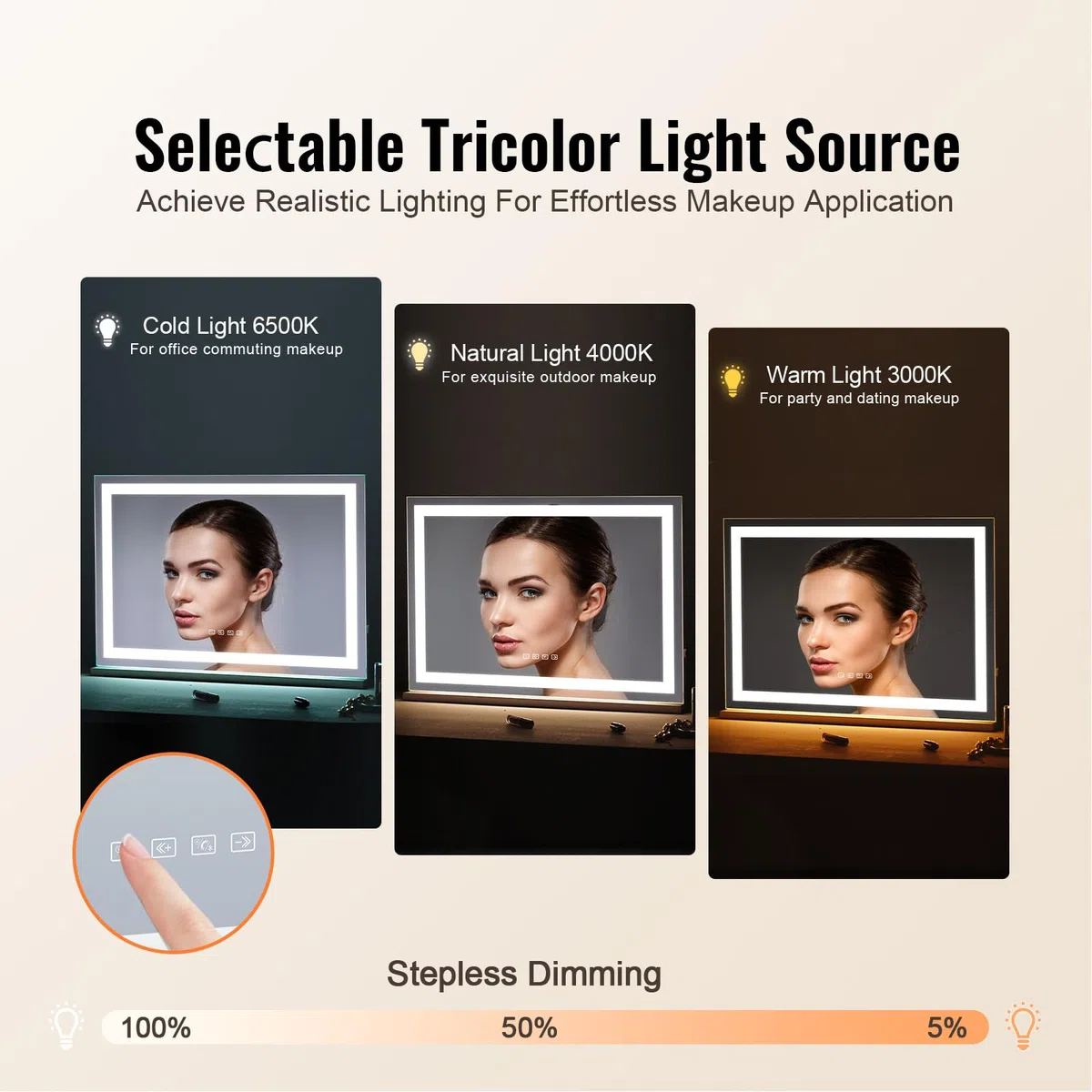 VEVOR Gran Espejo de Maquillaje Iluminado con Tres Modos de Iluminación Color, LED Luces, Aumento de 5X, Bluetooth, USB, Control Táctil Inteligente, Montaje en Pared a Escritorio, 800 x 120 x 572 mm
