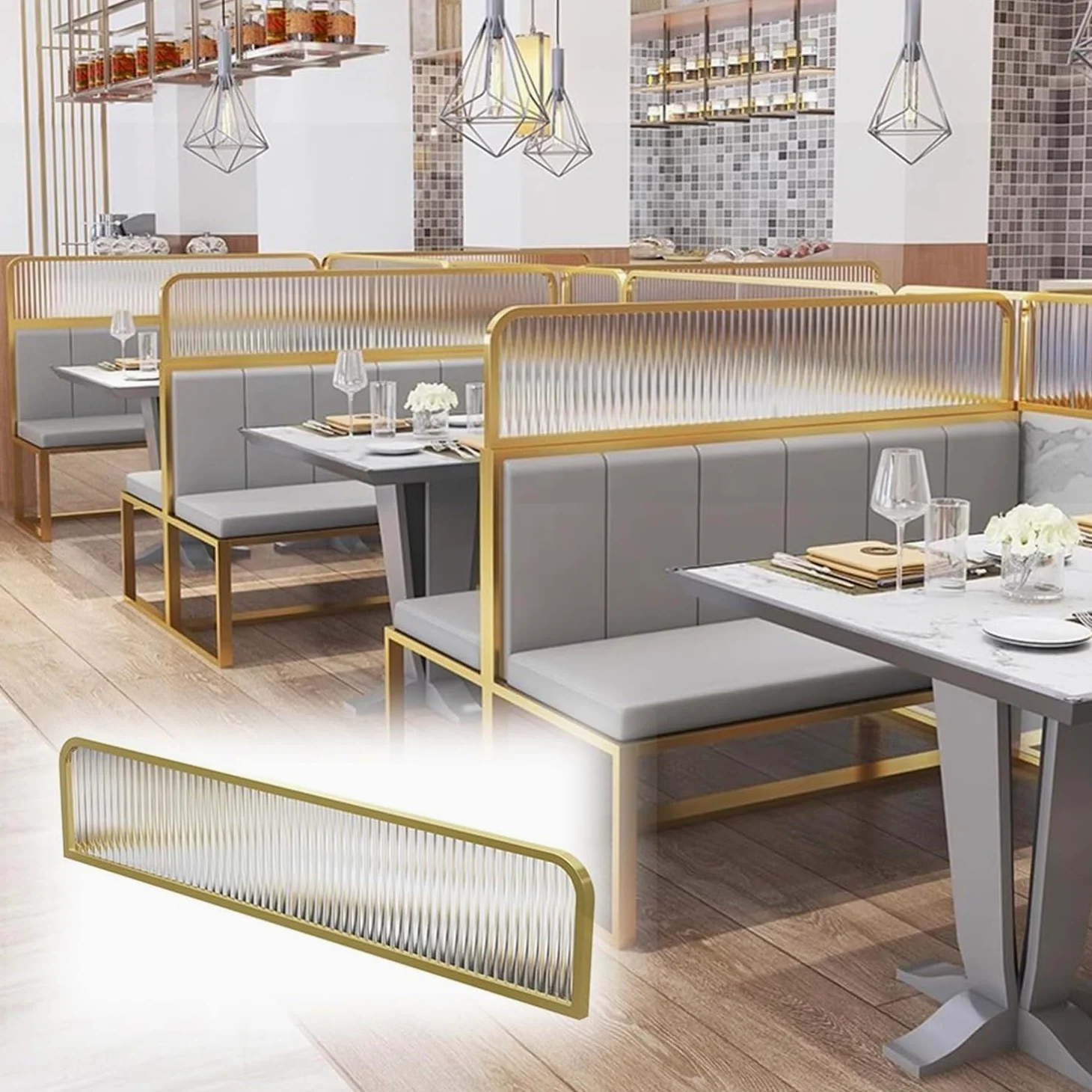 Partición de pantalla elevada de cristal a rayas para restaurante, media pared, valla corta para hotpot, dorado, 30 x 60 cm