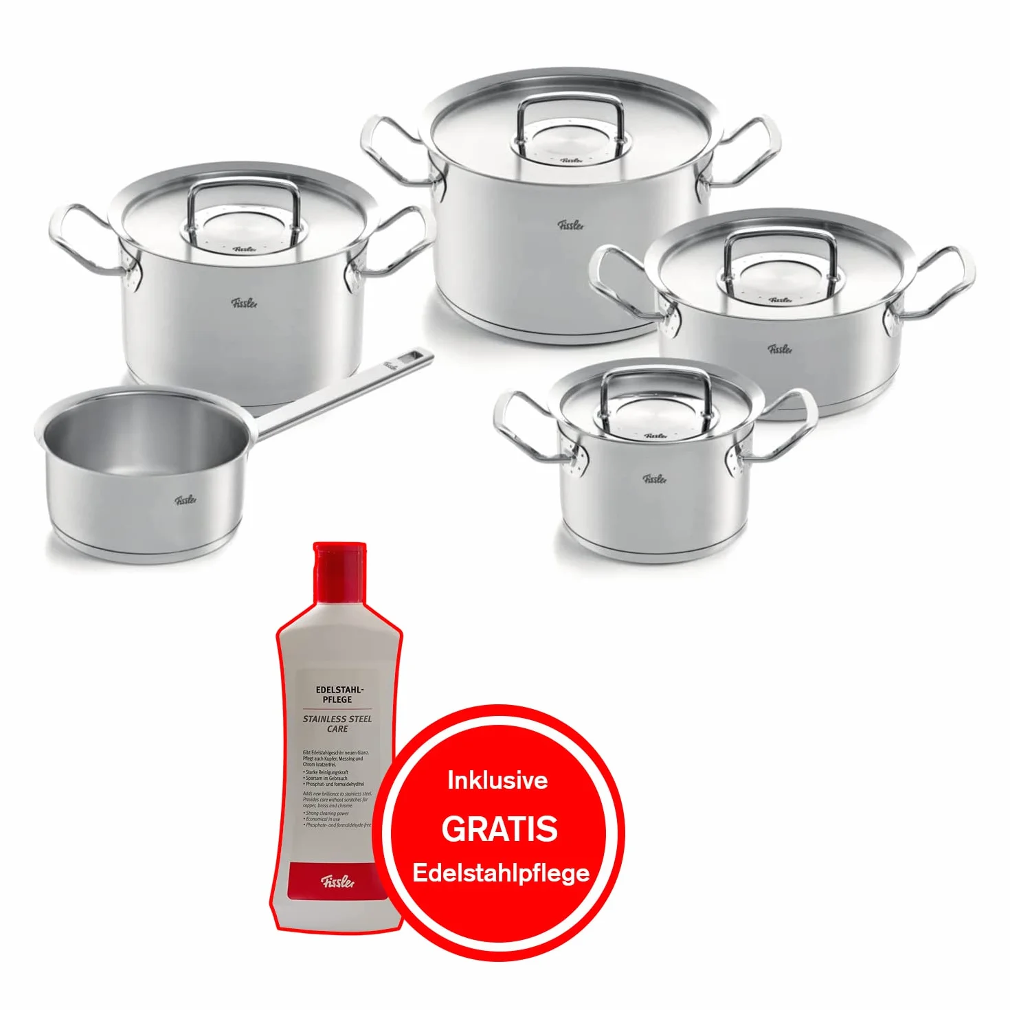 Fissler Juego de 5 cacerolas de acero inoxidable, incluye tapa de metal y cuidado de acero inoxidable, para inducción [Exclusive to Amazon]