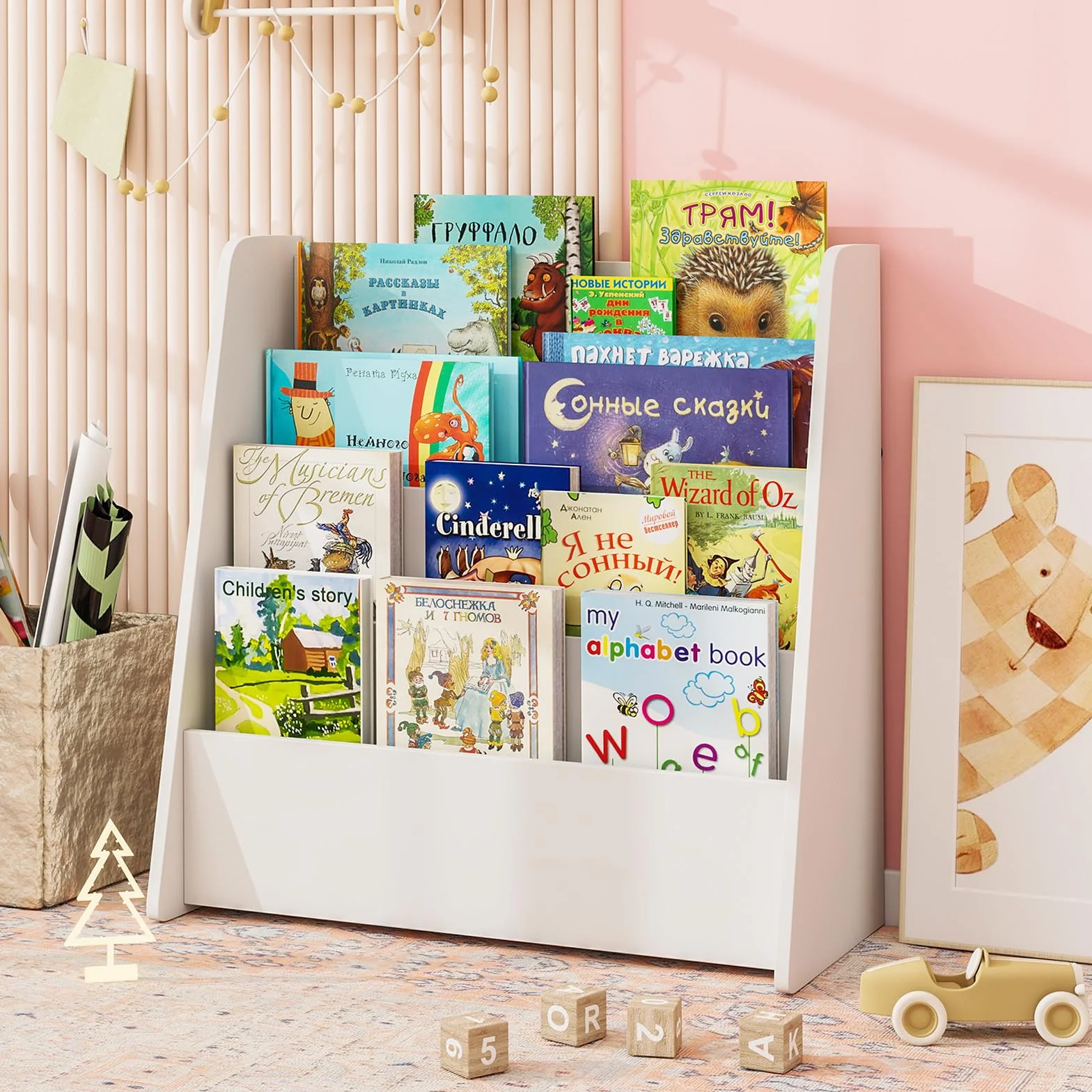 COSTWAY Libreria Infantil Montessori, Biblioteca Infantil de 4 Niveles, Estantería Libros Infantil con Almacenamiento Trasero para Guardería, Aula, Jardín de Infancia, 57,5 x 26,5 x 59 cm