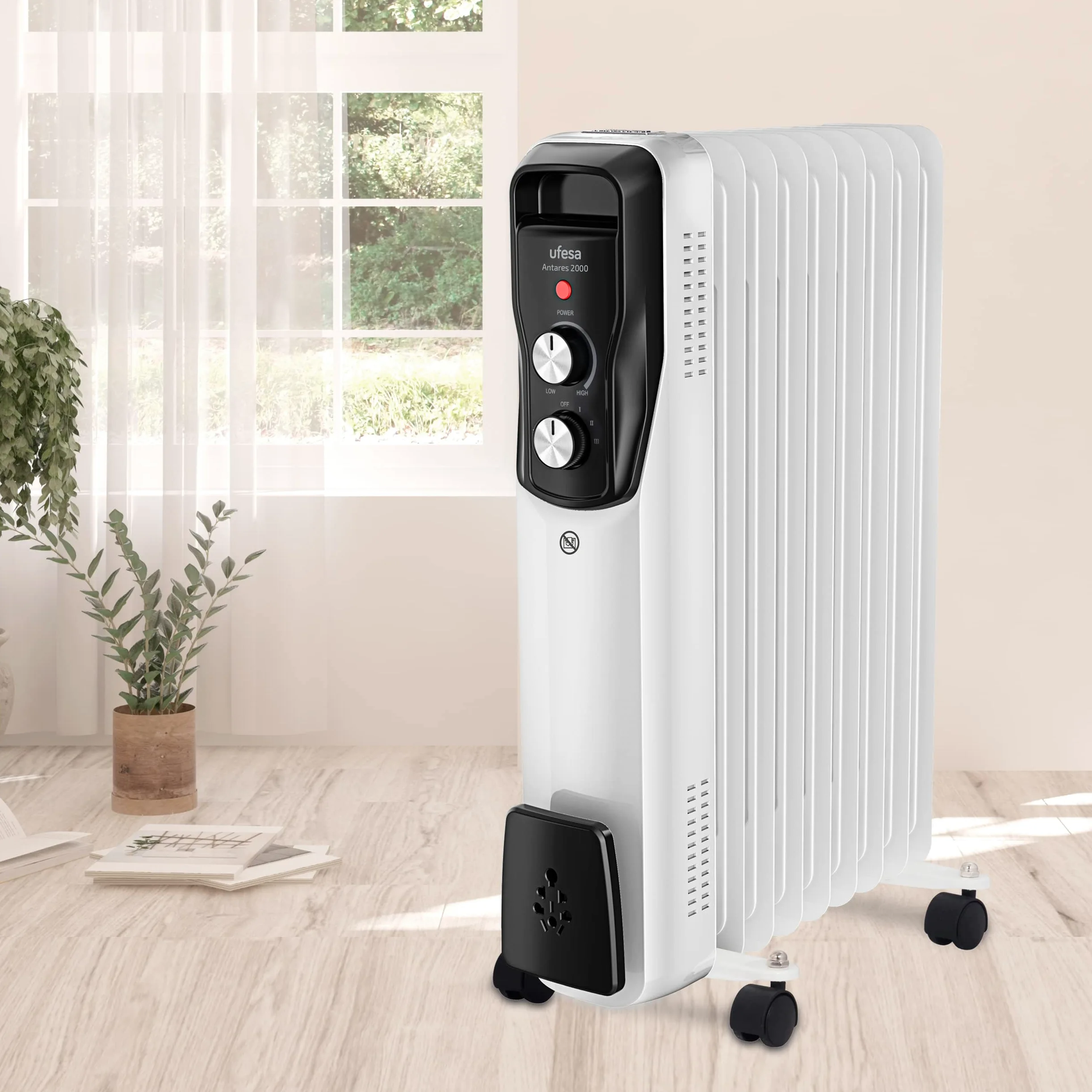 Ufesa Antares 2000 Radiador de Aceite 2000W, 9 Elementos, Termostato Regulable, Asa y Ruedas de Transporte, Radiador Eléctrico Bajo Consumo, Blanco