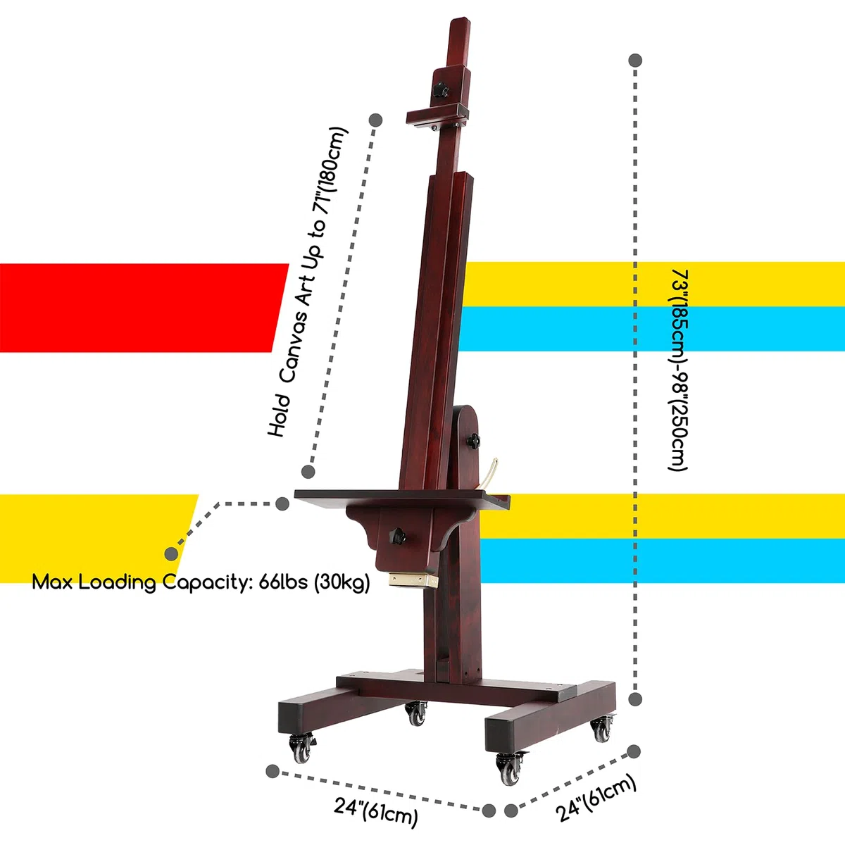 MEEDEN Caballete de pintura resistente: caballete grande profesional de madera de haya maciza que sostiene lienzos de hasta 180 cm de alto, se inclina fácilmente en plano, caballete de suelo de madera