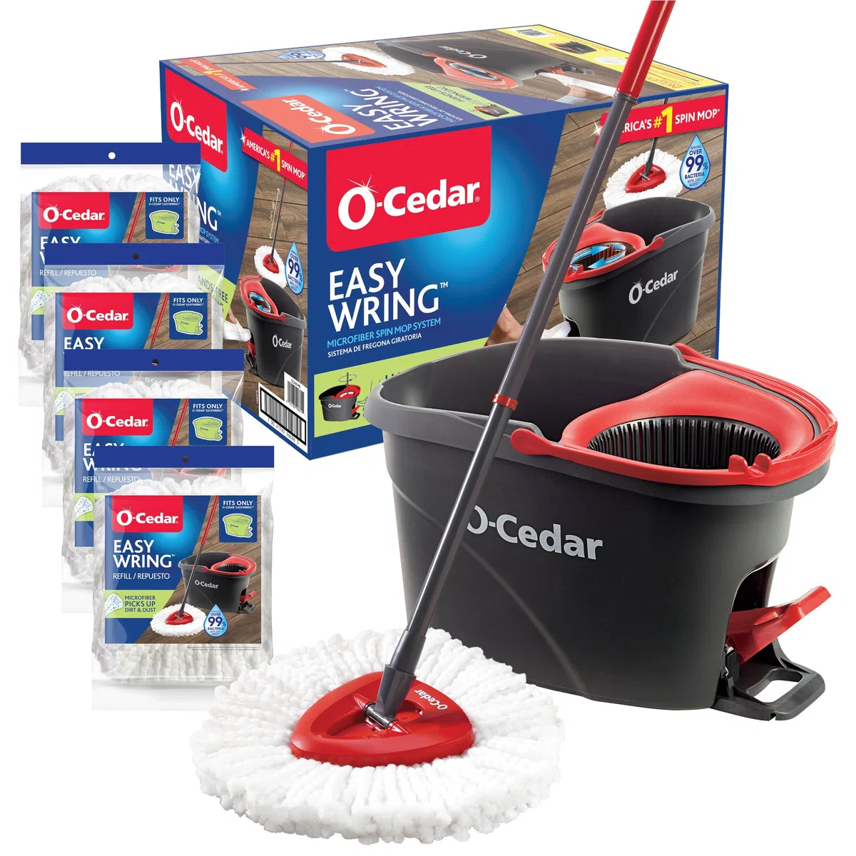O-Cedar, Rojo, Gris, fregona giratoria con 4 recambios adicionales