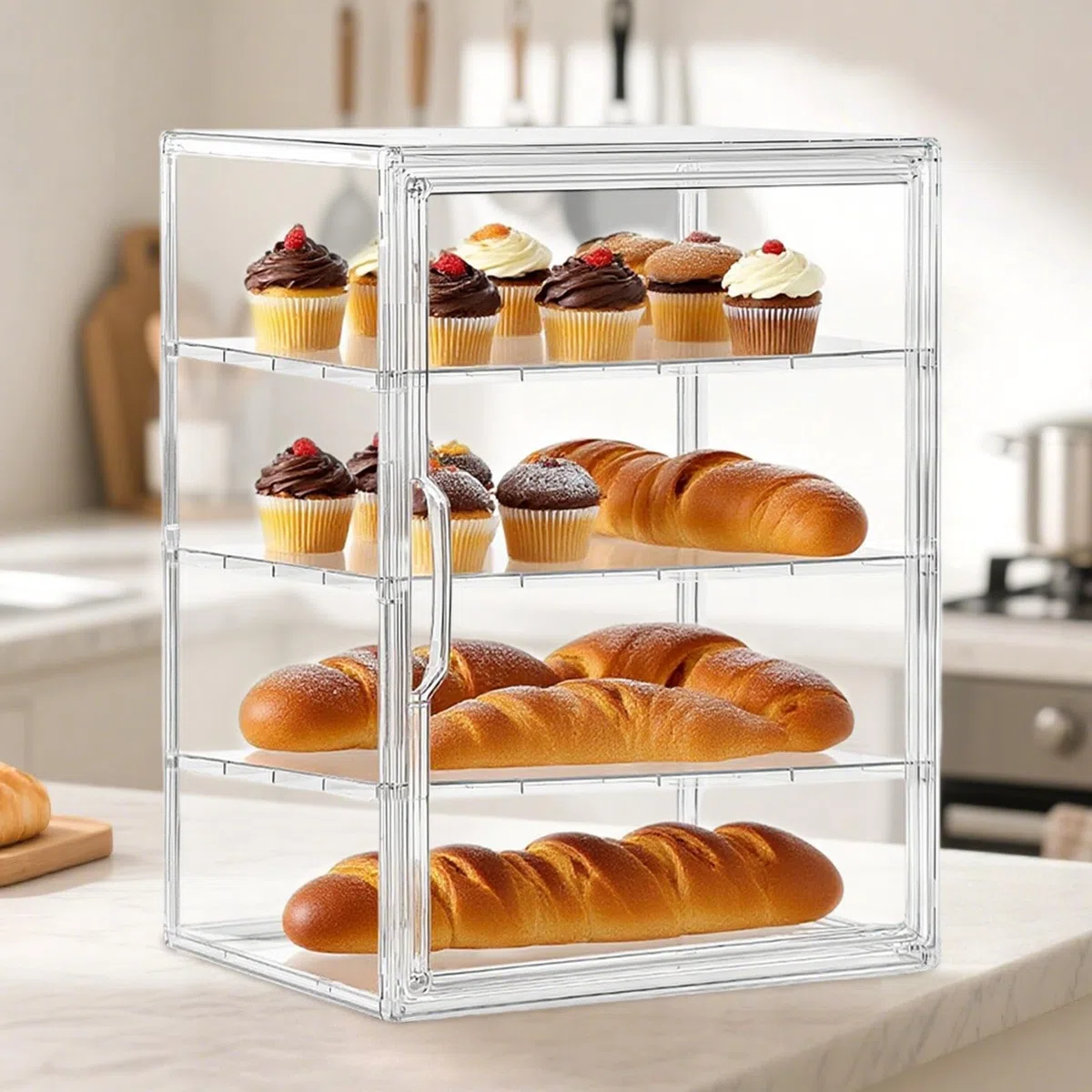 Expositor De Pastelería Gran contenedor expositor transparente de acrílico | Esquinera Para Sándwich Tostada Barra De Pan Bagel Panecillo Masa Plátano Mantequilla Encimera Esquina Hogar Frigorífic