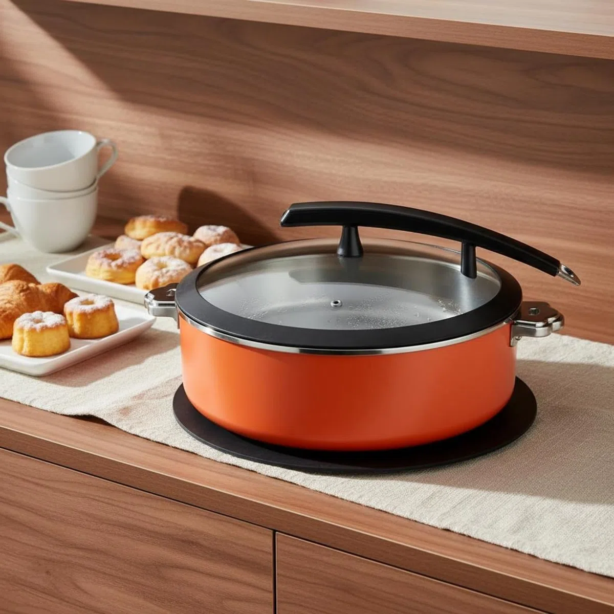 Servidor de Buffet de Acero Inoxidable Conservación del Temperatura Fuente Calentadora Uso Comercial Calentador Buffet Redondo para Catering, Naranja, 38CM
