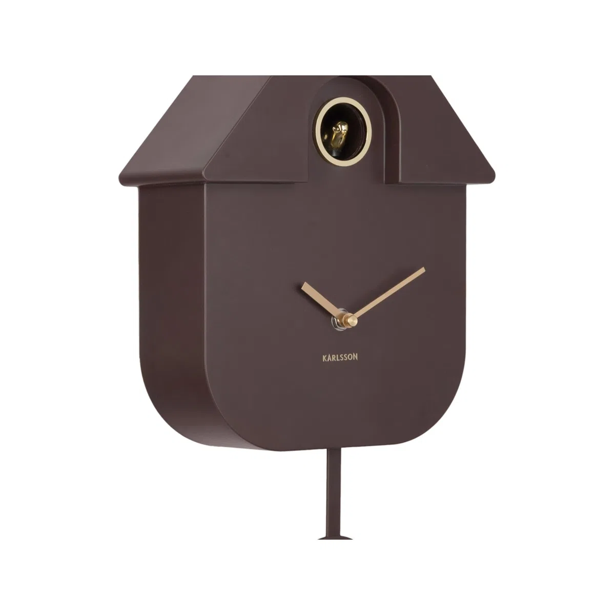 Karlsson Reloj de pared moderno de cuco dorado en color marrón tierra, con detalles dorados, función de cuco cada hora y péndulo, funciona con pilas