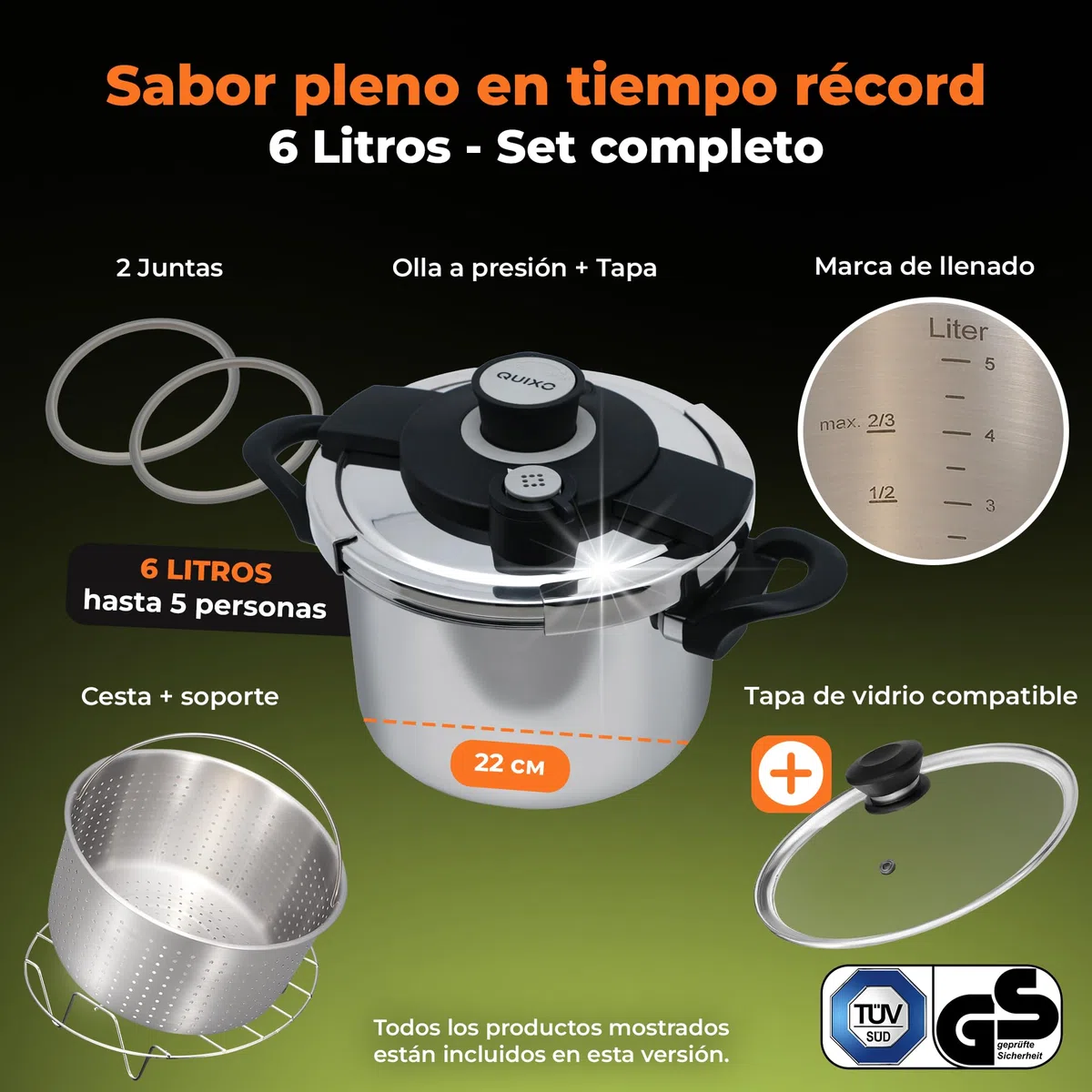 QUIXO Olla express 6l Pressure cooker Inducción (6L Set + Tapa vidrio) | Cierre QuickSafe con señal de cocción
