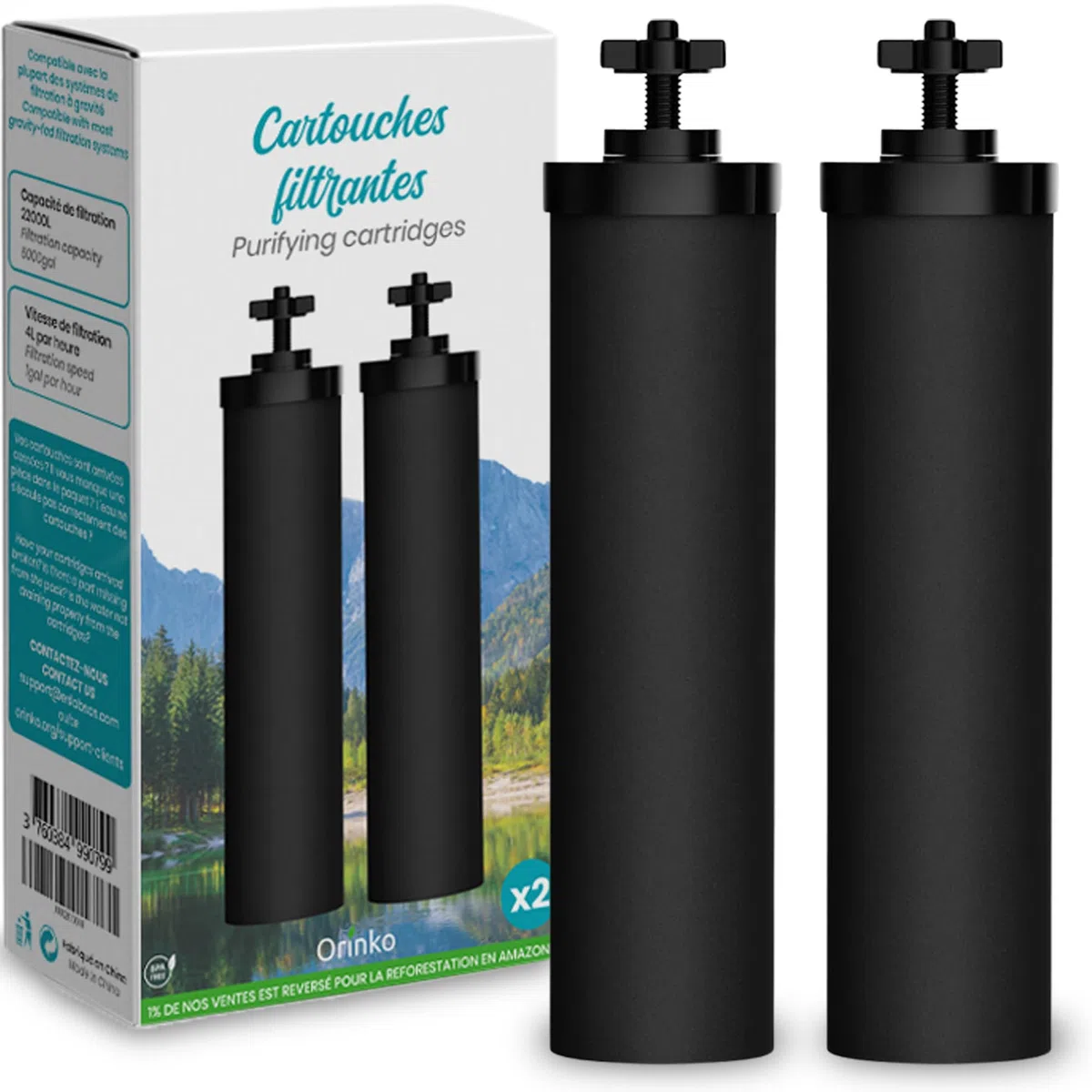 ORINKO® Cartuchos Filtrantes de Agua por Gravedad x2 - Filtros Repuesto de Carbono Activo para Purificadores de Agua - Compatible con Berkey, Waterdrop, Ecofiltro - Ideal para Camping y Uso Doméstico