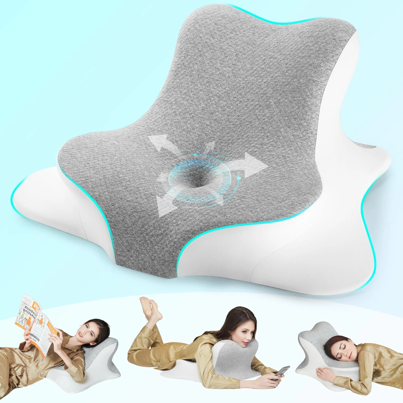 Almohada cervical, almohada de espuma viscoelástica, almohada ortopédica, almohada ergonómica, adecuada para dormir de lado, de espalda y boca abajo (gris)