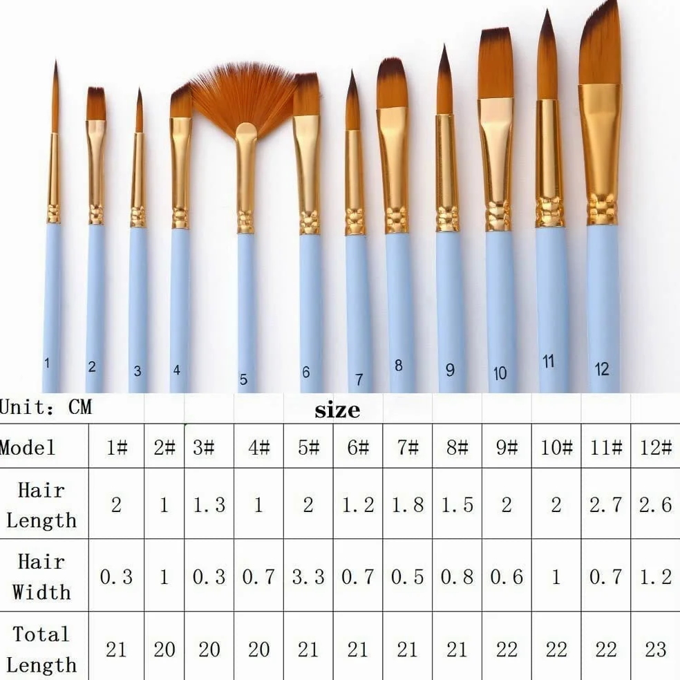 Juego de 12 Pinceles para Acuarela para Aprender a Pintar, con Pelo de Nailon y Mango de Madera, para Pintar al óleo, acrílicos y Arte.,