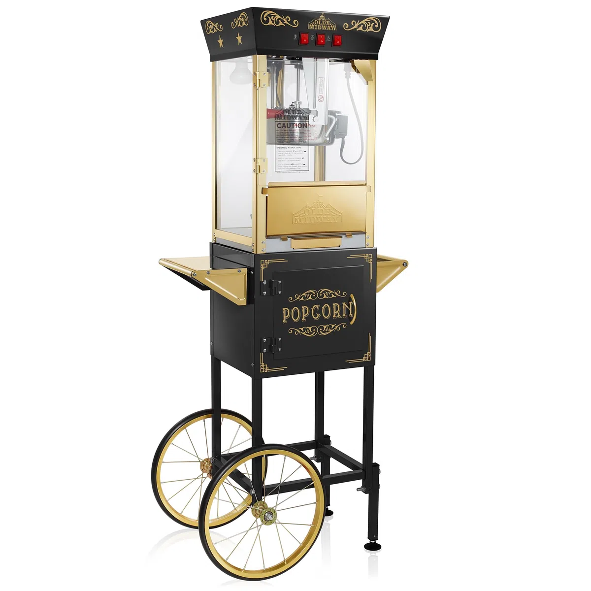 Olde Midway Máquina de palomitas de maíz estilo cine con carrito y hervidor de 8 onzas, color negro, estilo clásico con ruedas