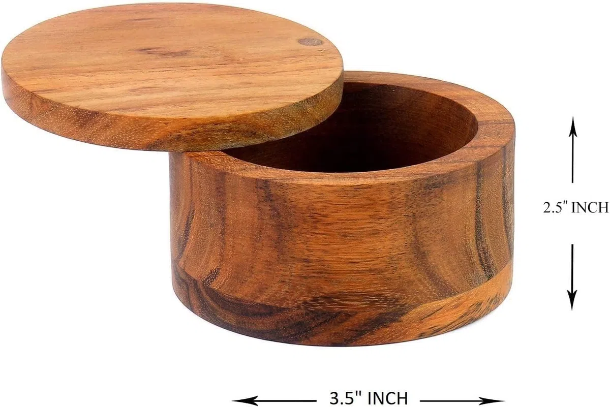 EDHAS Caja de sal o especias de madera de acacia con cubierta giratoria para almacenamiento de especias de madera, a mano en tu encimera.