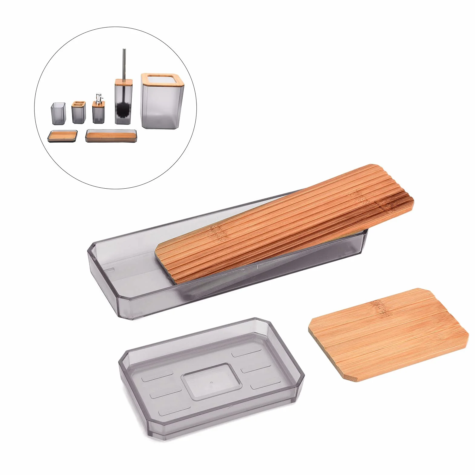 Cocoarm Juego de Accesorios de Baño de bambú, Juego de Baño de 7 Piezas con Caja de ABS, Soporte para Cepillo de Dientes, Escobilla de, Bandeja para Bote de Basura para el Hogar, Hotel, (Gray)