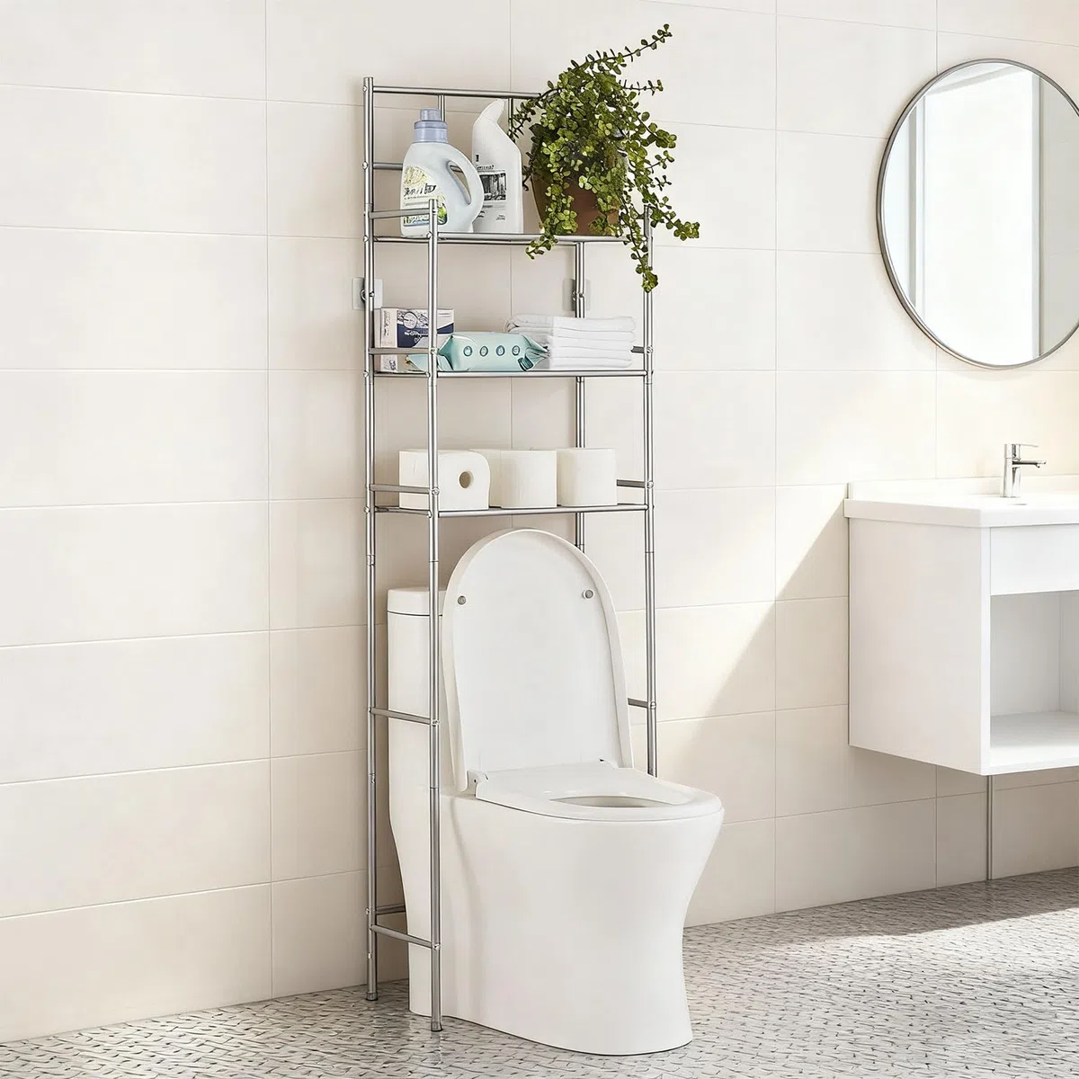 Estanteria Baño Encima WC, Mueble Sobre Inodoro de 3 Niveles, Estanteria Sobre Inodoro Independiente de Metal, Organizador de Baño Ahorra Espacio, Fácil de Montar para Baño, Lavandería, Gris