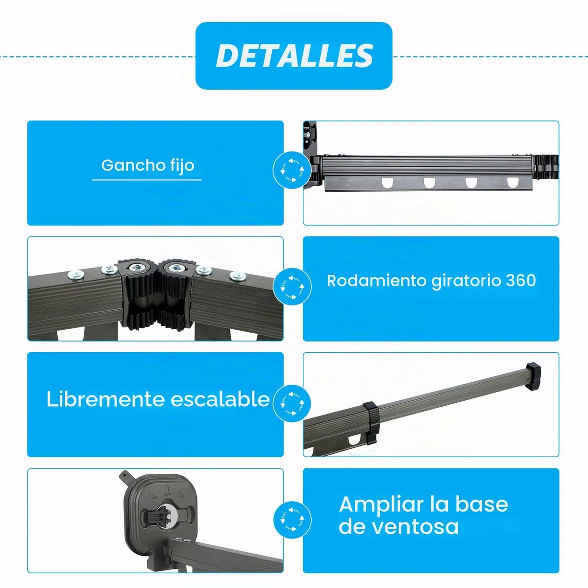 Tefola Tendedero de pared para montaje en la pared, 3 veces plegable, Barra de ropa extensible con ventosa, Tendedero que ahorra espacio, para balcón, ropa, baño, terraza, apartamento, autocaravana