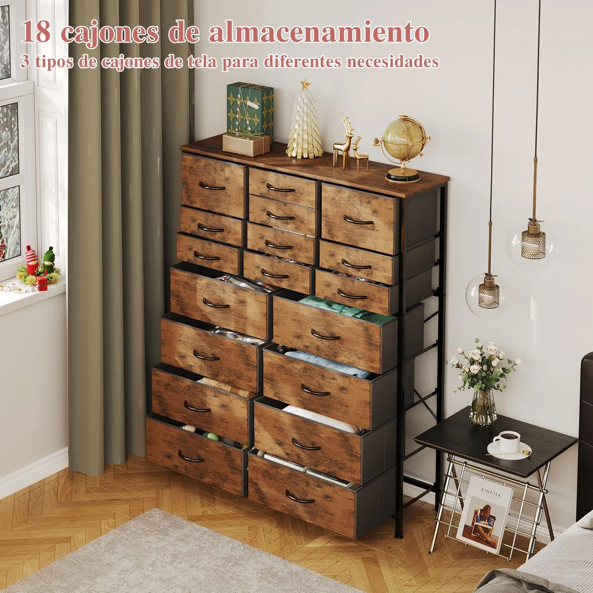 CAIYUN Cómoda con 18 cajones de tela, cómoda para dormitorio, cómoda, salón, armario de almacenamiento, con marco de acero resistente, tablero de madera (marrón vintage)