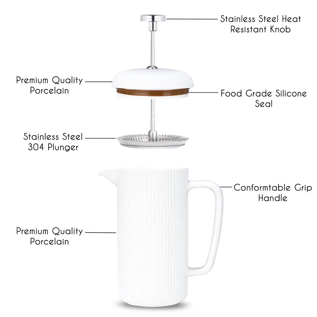 Easyworkz Cafetera de émbolo de porcelana de 1000 ml, con émbolo de acero inoxidable, color marfil