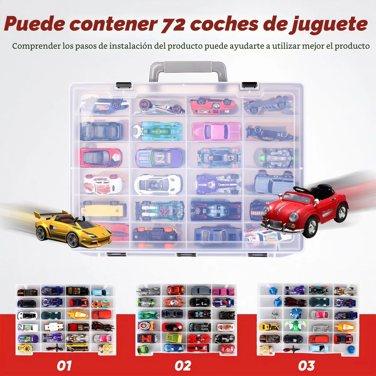 Caja de juguetes con 72 compartimentos, compatible con coches Hot Wheels, Matchbox, minijuguetes y muñecas pequeñas, deja ver el interior, 3 bandejas extraíbles (negro)
