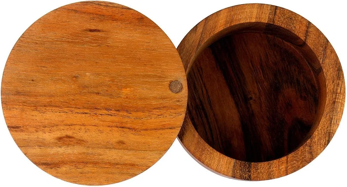 EDHAS Caja de sal o especias de madera de acacia con cubierta giratoria para almacenamiento de especias de madera, a mano en tu encimera.