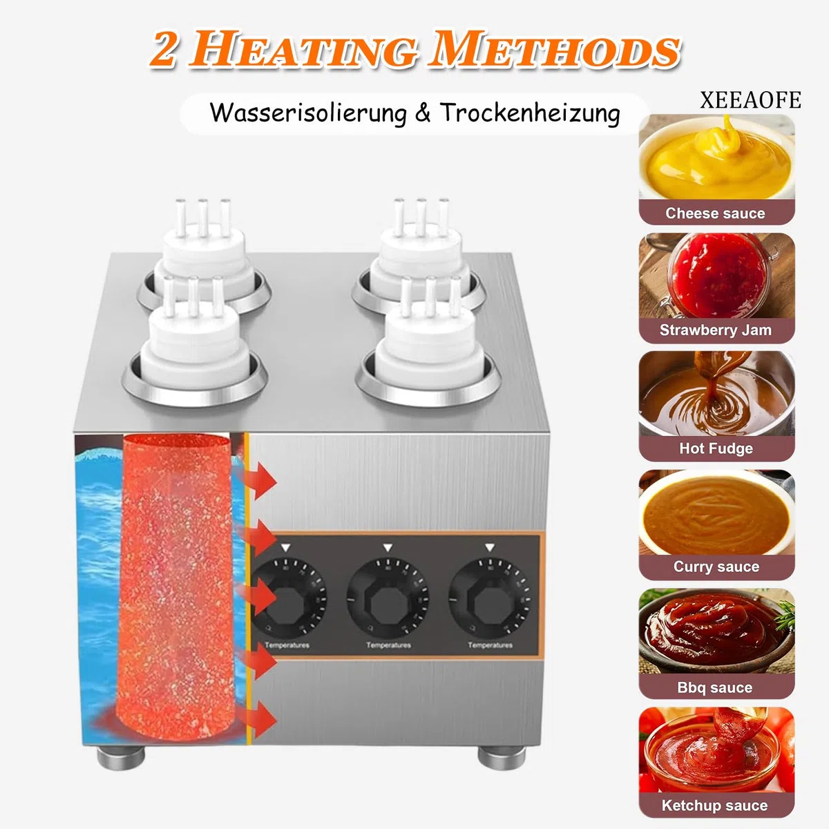 Dispensador eléctrico comercial para calentar salsas, acero inoxidable de 640 W, para encimera, queso nacho y calentador de dulce caliente con 4 botellas exprimibles de 650 ml