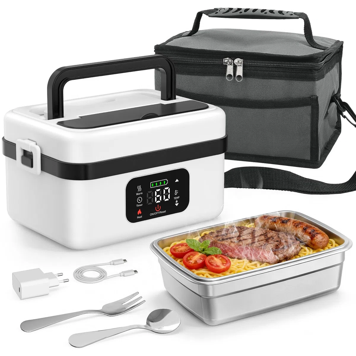 Fiambrera Electrica,Calentador de Comida Portatil 1L para Comida con Pantalla Táctil,Lonchera Termica con Vajilla de Acero Inoxidable y Bolsa Aislante para Coche(Blanco y negro)