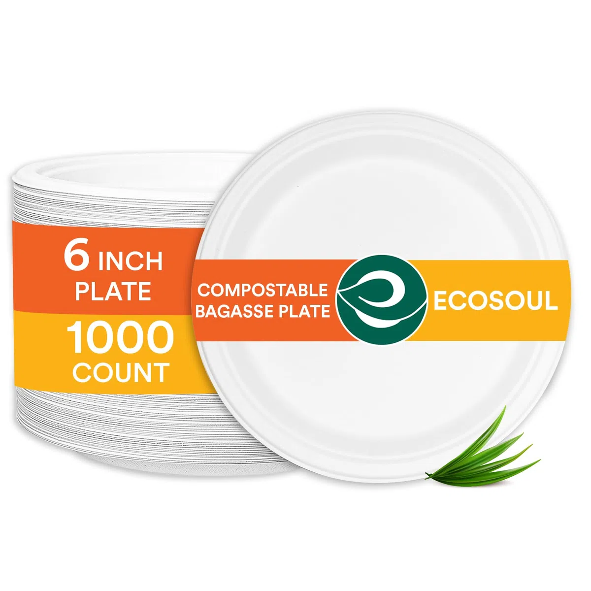 ECO SOUL Platos de papel compostables de 6 pulgadas, paquete de 1000 platos de postre desechables pequeños, resistentes, bagazo blanco, aptos para microondas, platos redondos ecológicos para