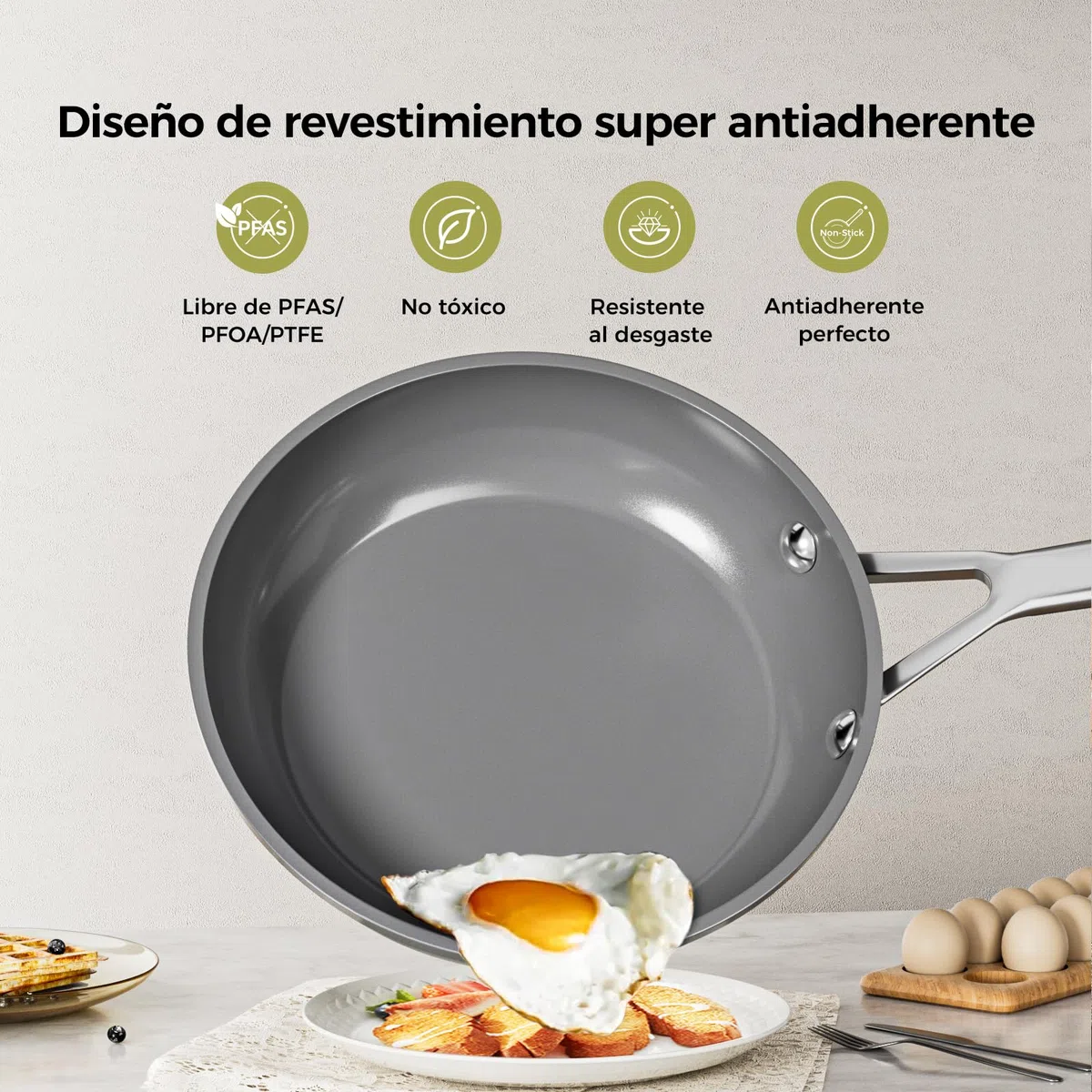 DiamondTitan Set 3 Sartenes Cerámicas (20+24+28 cm), Antiadherente para Todas Cocinas, Sin PTFE PFAS PFOA, Aptas para Horno, Lavavajillas con Mango que Permanece Frío (Gris)