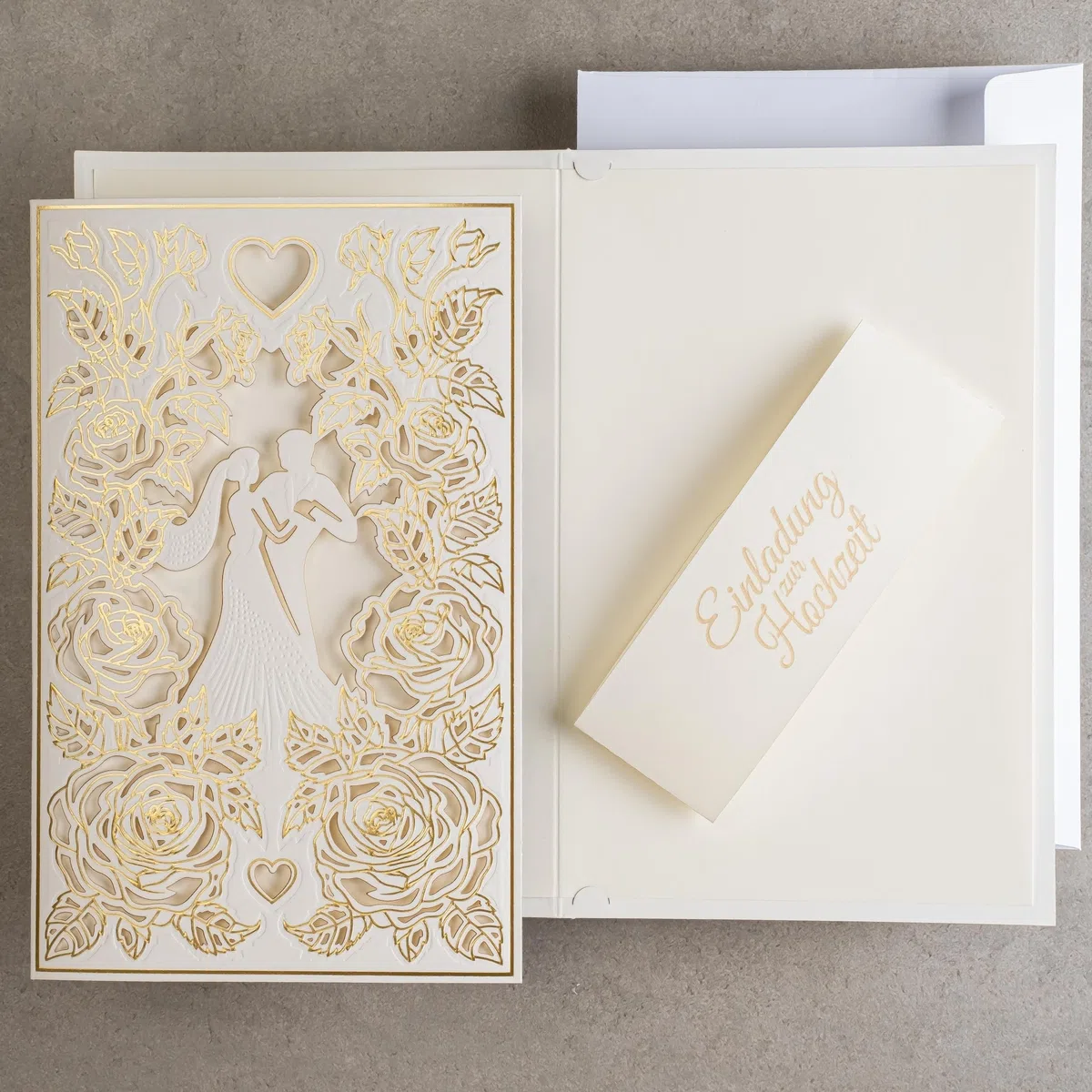 20 invitaciones de boda de 130 x 205 mm, con inserciones y sobres imprimibles para boda, corte láser, acabado con lámina dorada. Patrón prensado con inscripciones grabadas ZAP_DE_09