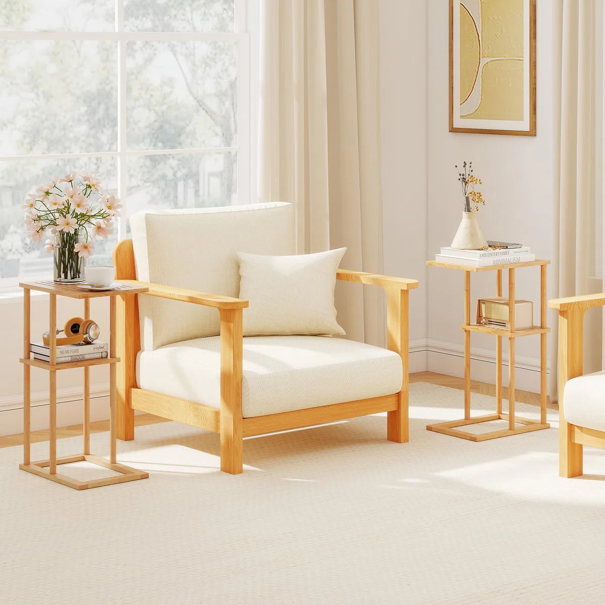 COSTWAY Juego de 2 Mesa Auxiliar de Bambú para Sofá, Mesita Forma de C con Estantes de Almacenamiento, 40 x 28 x 65 cm, Mesa de Café, Mesita de Noche Estrecha para Cama, Sala y Dormitorio, Natural