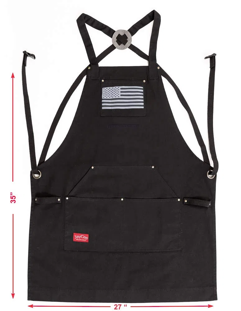 JayCee Delantal para barbacoa, parrilla, chef, pasatiempos y taller, 5 bolsillos, espalda cruzada, 2 trabillas para herramientas/toallas, algodón de 10 onzas, día del padre, Negro con bandera.