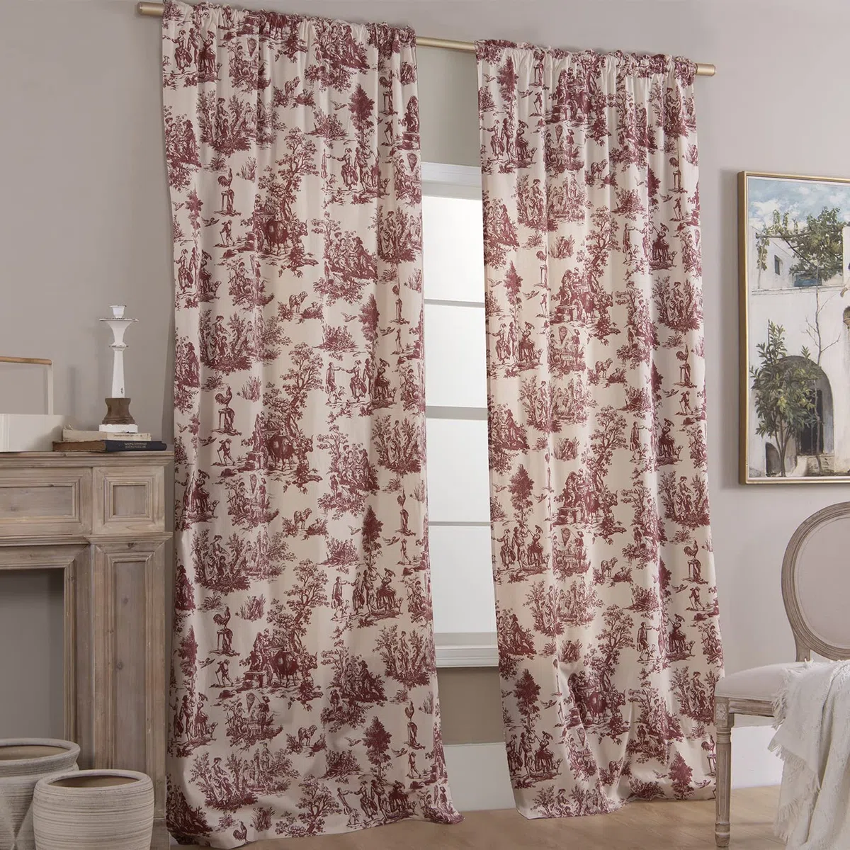 XTMYI Set de 2 Cortinas de 213 cm de Largo, Bonito Estampado campestre en Crema y Blanco, Opacas, diseño Floral campestre navideño, para Ventanas de salón, Comedor o Dormitorio, Burdeos