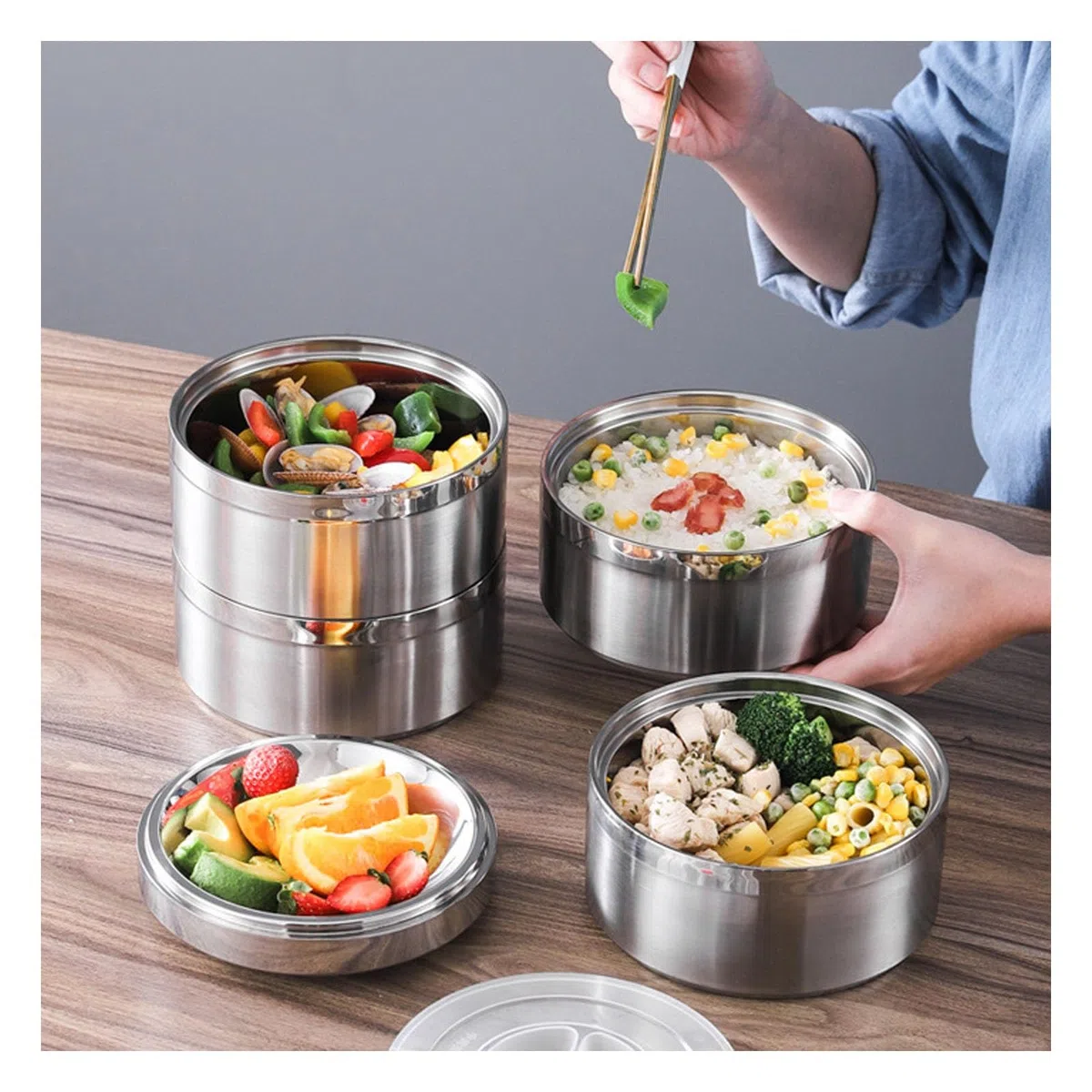 Contenedores de almuerzo aislados, contenedor de comida de acero inoxidable con asa | Fiambrera térmica con termo de comida caliente a prueba de fugas, for comida fría y caliente